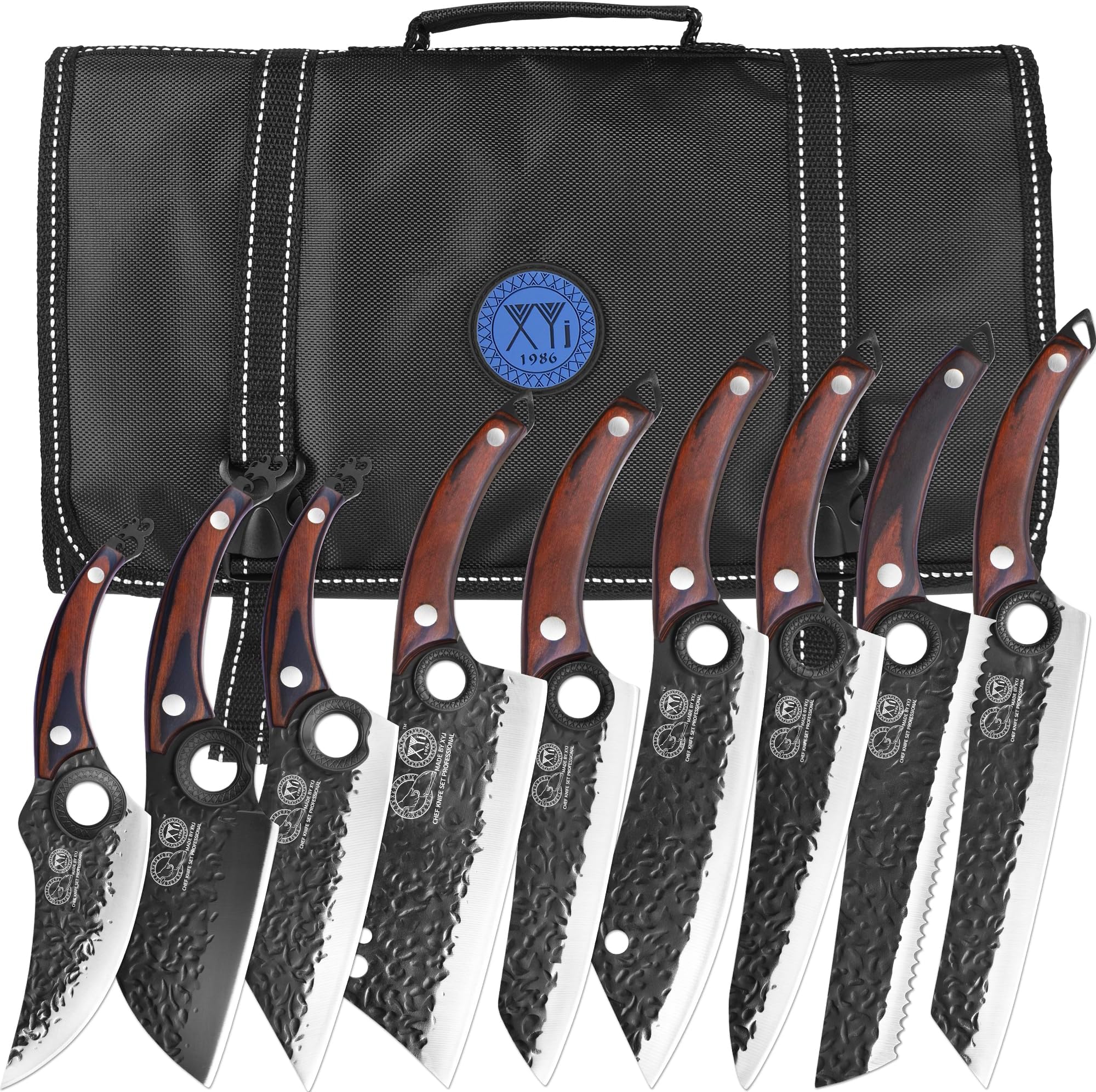 XYJ Professional Kitchen Knife Set with High-Carbon Steel Forged Blades, Chef's Knife, Cleaver, Carving Knife, Nakiri, Full Tang Design, Includes Carrying Bag & Poultry Scissors