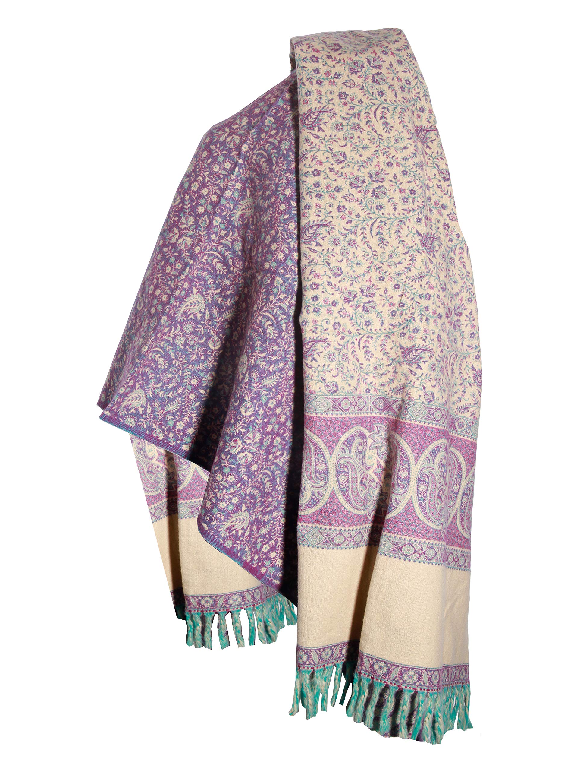 TIBET Paisley-Schal, handgefertigt, reine Yakwolle, doppelseitig, übergroß, Violett / Beige, Lila Beige, One size