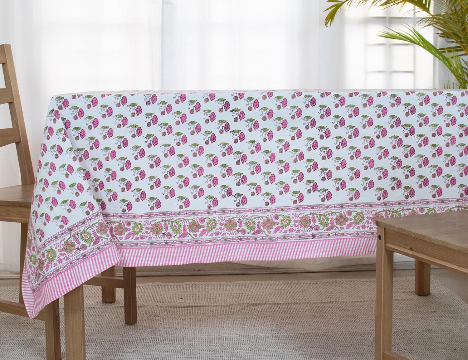 Block Print Table Cloth- Pink 60x90 Inch Rectangle 100% Cotton Handmade Pre-Shrink, Washable for Spring, Kitchen & Dining Perfect for Chirstmas, Patio, Indoor & Outdoor, Farmhouse