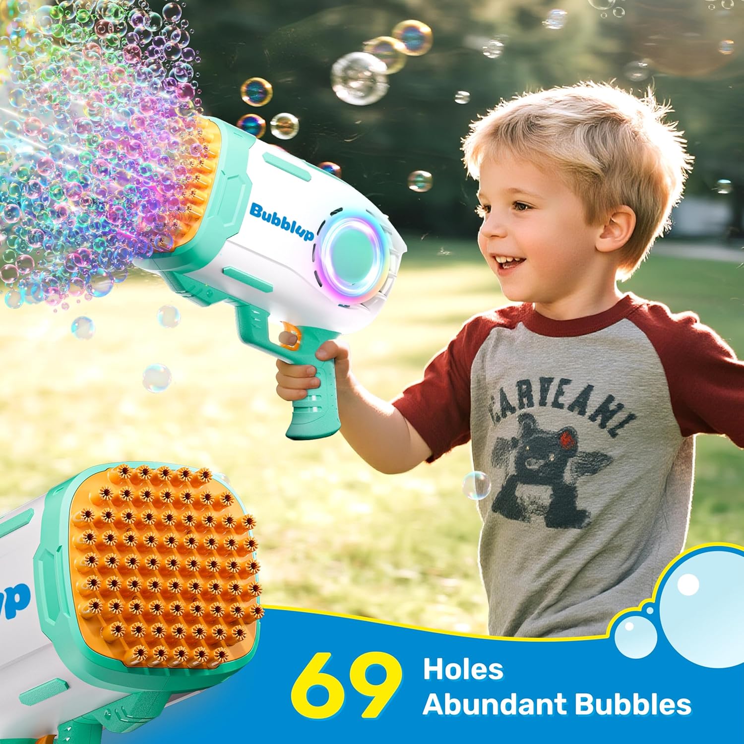 Play-Act 69 Holes Bubble Machine Guns Toys, Bazooka Rocket Shape Bubble Gun for Kids Adults, Colored Lights Blaster Blower with Solution Outdoor, Summer Toys, Party Favors, Wedding, Birthday, Easter