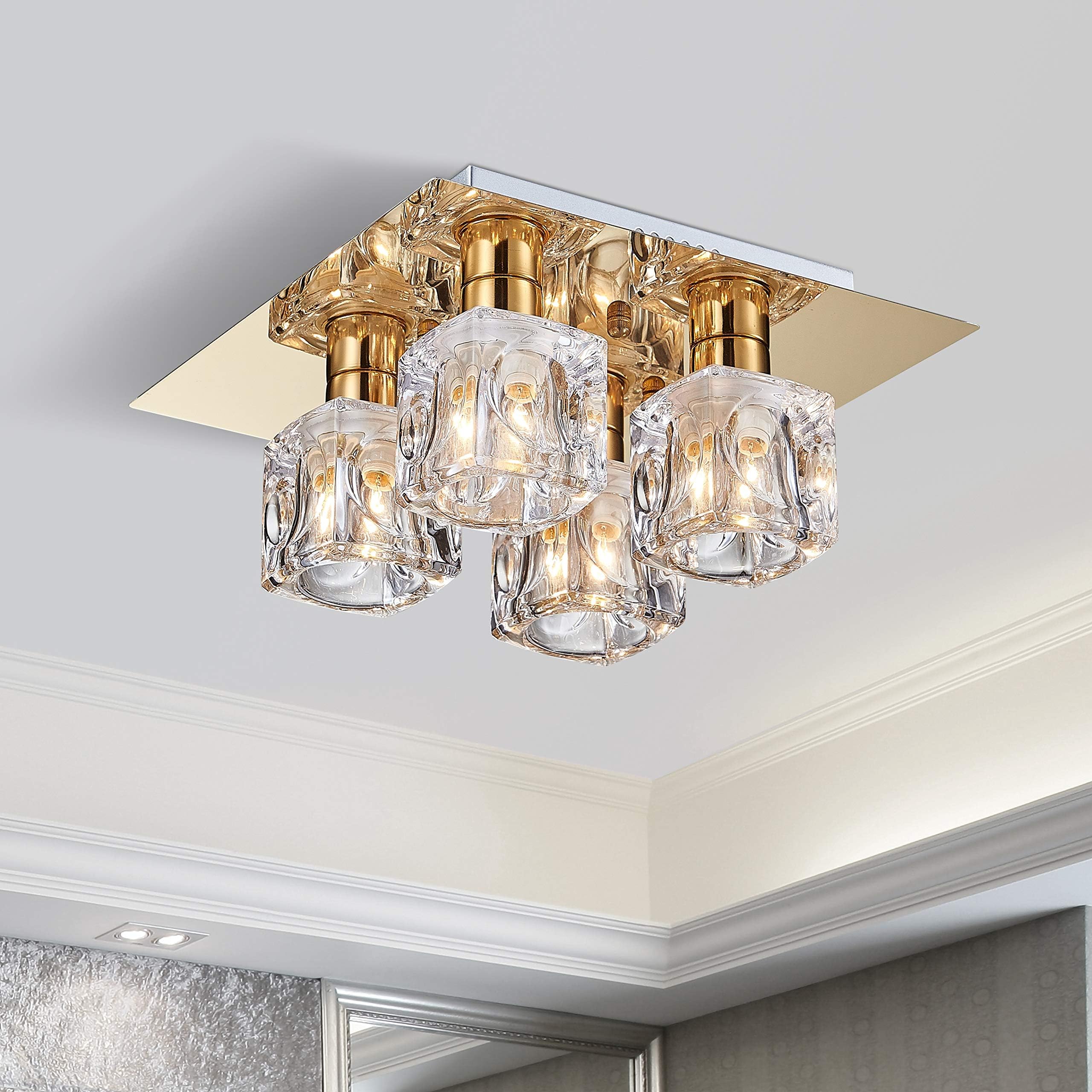 Saint Mossi Square Ceiling Light Semi Flush Ceiling Lamp, Clear Glass Ice Cube Shades, Gold Plating Finish, 35CM Length Bigger Size Than Similar Item [Energy Class A+]