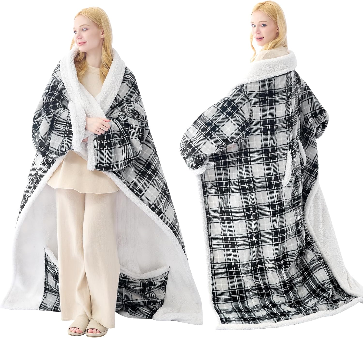 Electric Heated Blanket Wearable Throw with Foot Pocket & Front Pouch – 6 Heat Settings, 4H Auto-Off, Reversible Flannel & Sherpa, Oversized 52"x72" Heated Blanket for Bed or Couch, Grey Plaid