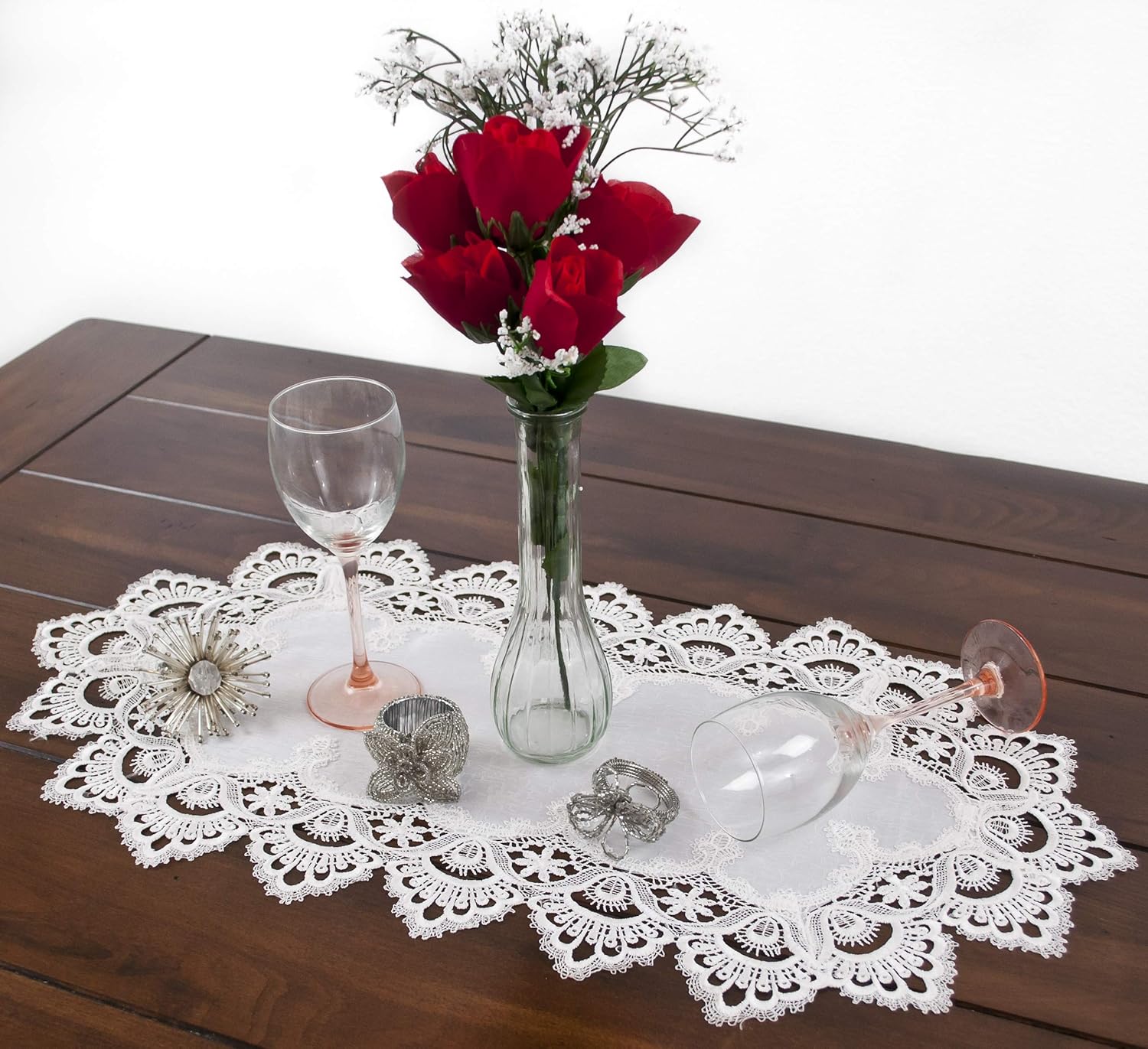 White Jacquard Peacock Tail 13 x 26 Inch Approx Lace Dresser Scarf Table Runner Coffee Table Runner, Weddings (Pack of 2)