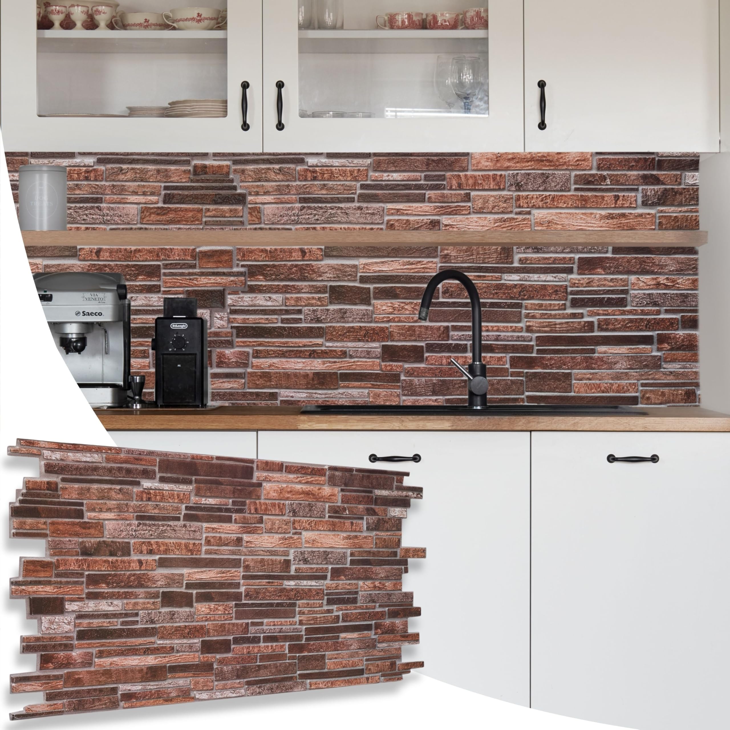Novecrafto Natural Brown Rock Stone Slim Stone Effect 3D Wall Panels - 37.79 X 18.89 In (96X48cm) - 6 Sheets Covering 29.76 Sqft (2.76 Sqm) Wall Cladding For Bedroom Office Kitchen In Copper Brown Slim Stone Brick Design