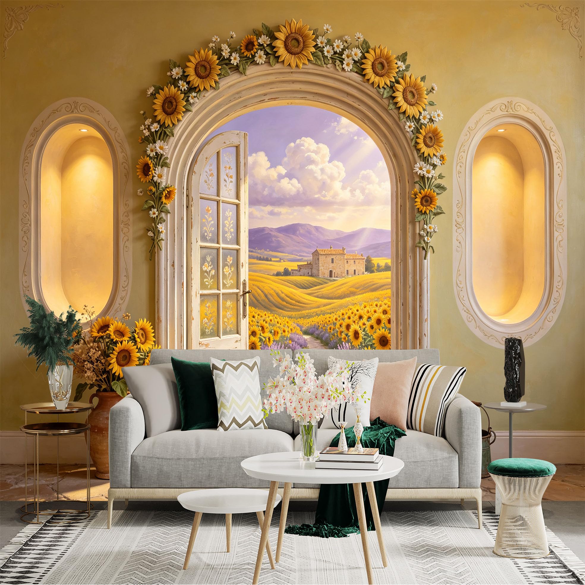 Custom Size Wall Sticker Mural， Sunflower Archway， Rustic Countryside Path， Floral Window View， Golden Field Landscape， for wall Decoration， peelandstick wall Decals.