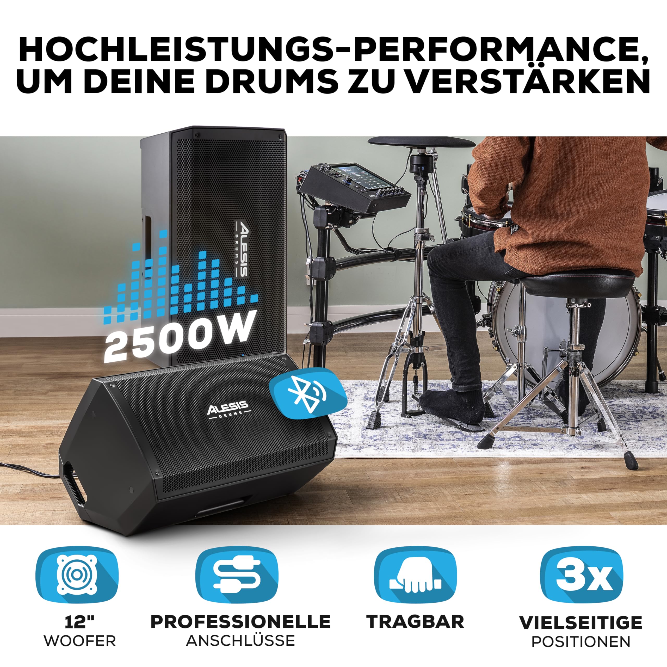 Alesis Nitro Max Kit und Strike Amp 12 MK2 - Elektronische Schlagzeug und 12-inch 2500W E Drums Amp Lautsprecher, mit Bluetooth