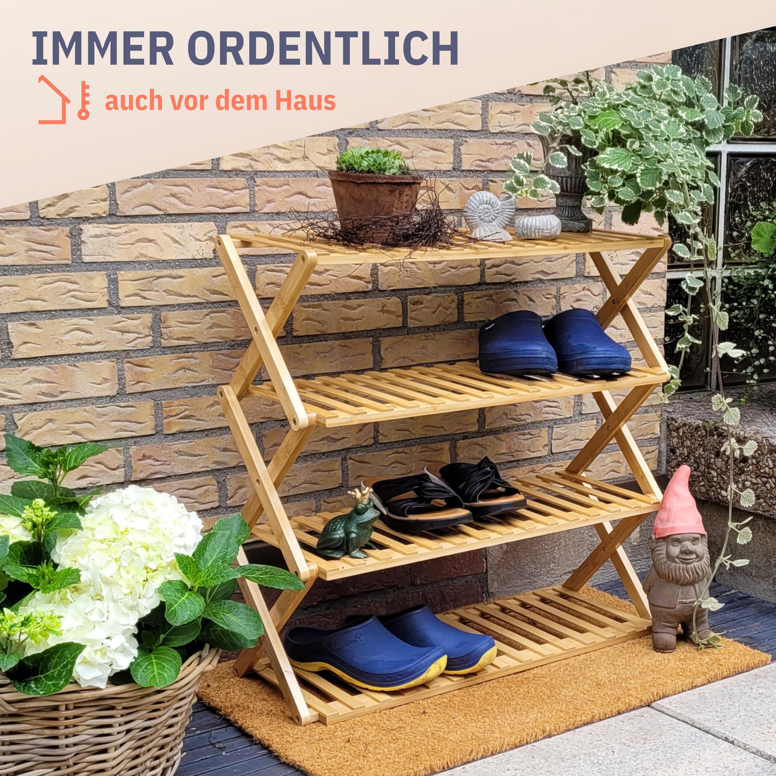 Felino® Schuhregal Schuhablage Organizer aus Bambus Holz offen | 70cm lang | Schuhorganizer offenes Regal klappbar auch für Camping