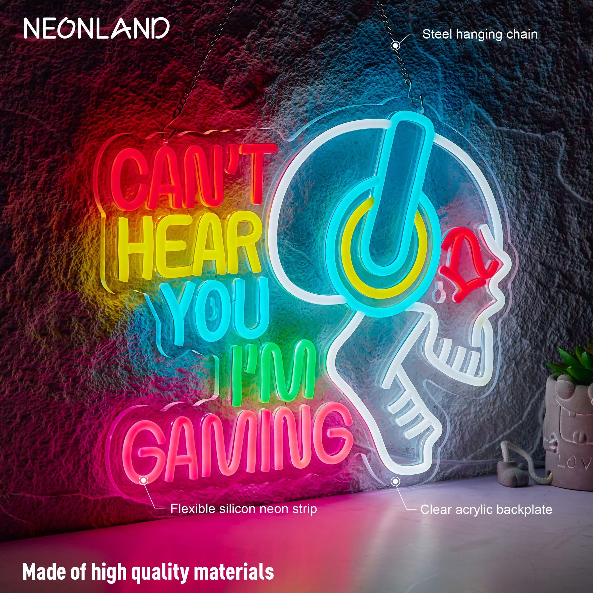 Gaming-Neonschild "Can't Hear You I'm Gaming", Totenkopf-Gamer, LED-Licht, hell, USB-betrieben, beleuchtet, Spielschilder mit Dimmer, für Spielzone, Videoraum, Jungen, Schlafzimmer, Wanddekoration