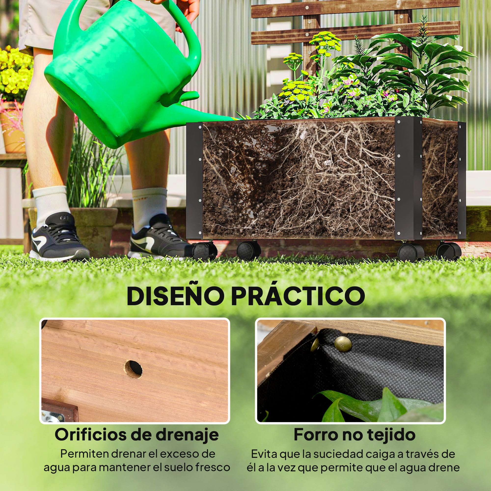 Outsunny Jardinera Exterior Grande de Madera Jardinera con Celosía para Plantas Trepadoras Tela no Tejida Ruedas y Esquinas Metálicas de Doble Capa para Patio Terraza 65x31x147 cm Carbonizado