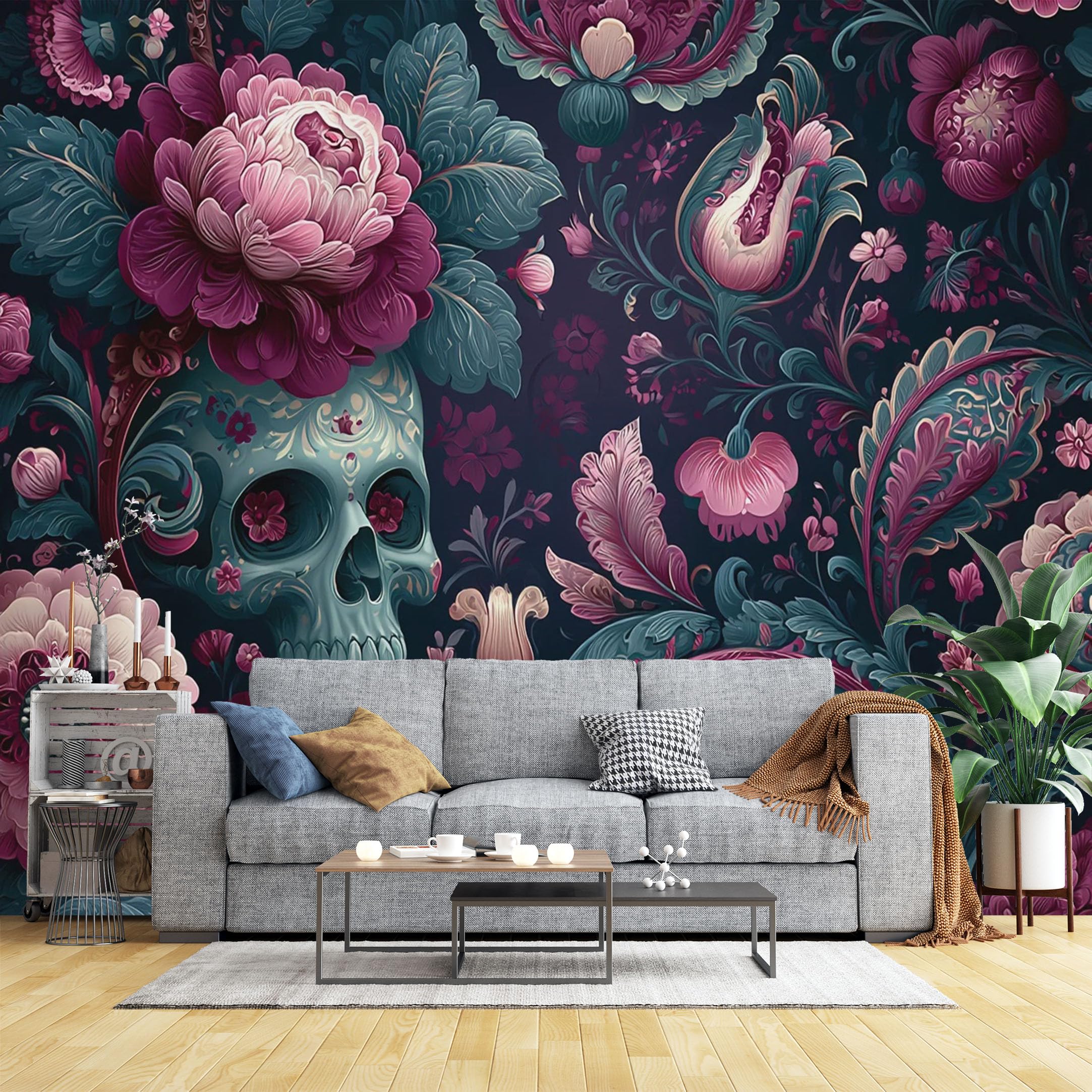 Custom Size Wall Murals Floral Skull Pattern Wall Murals Gothic Floral Wallpaper, Full Wall Self-Adhesive Removable Wallpaper for Bedroom
