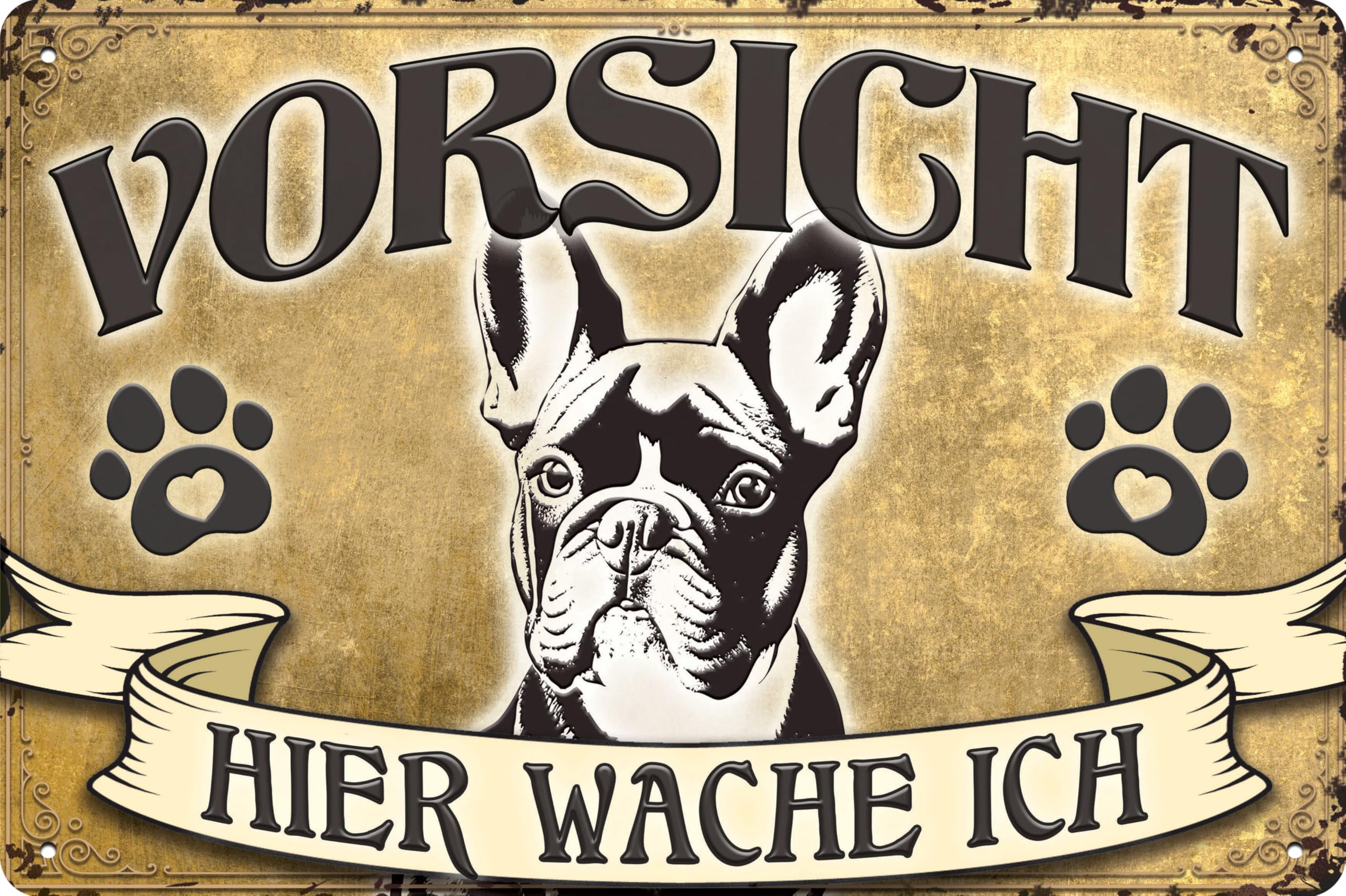30 x 20 cm wetterfestes Hunde Blechschild, Warnhinweis, Torschild, Farbe Gold, Vorsicht - Hier Wache ich! (French Bulldog)