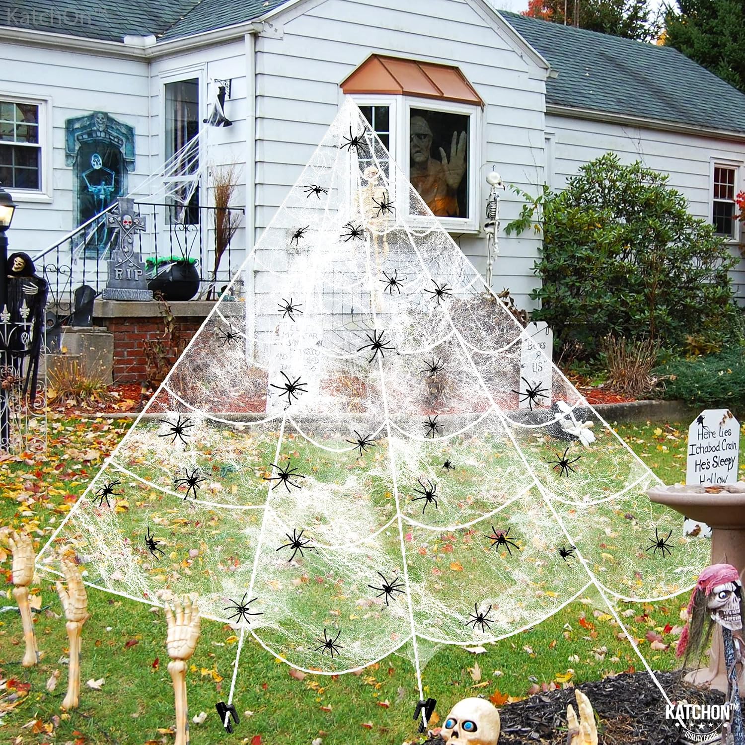 KatchOn, Halloween Triangular Spider Web Outdoor - Huge, 23 Feet | 50G Fake Spiderweb and 30 Fake Spiders | Spider Web Rope, Outdoor Spider Web | Rope Spider Web Decoration, Halloween Yard Decorations