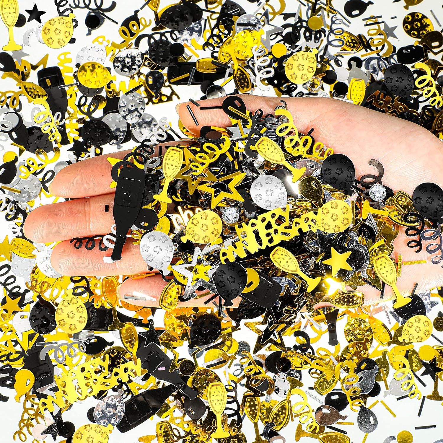 Skylety 3000 Pieces Happy Anniversary Confetti Black Gold Silver Party Decoration Glitter Scatter Confetti Metallic Foil Table Decorations for 50th Anniversary Party Wedding DIY Arts Crafting Supplies