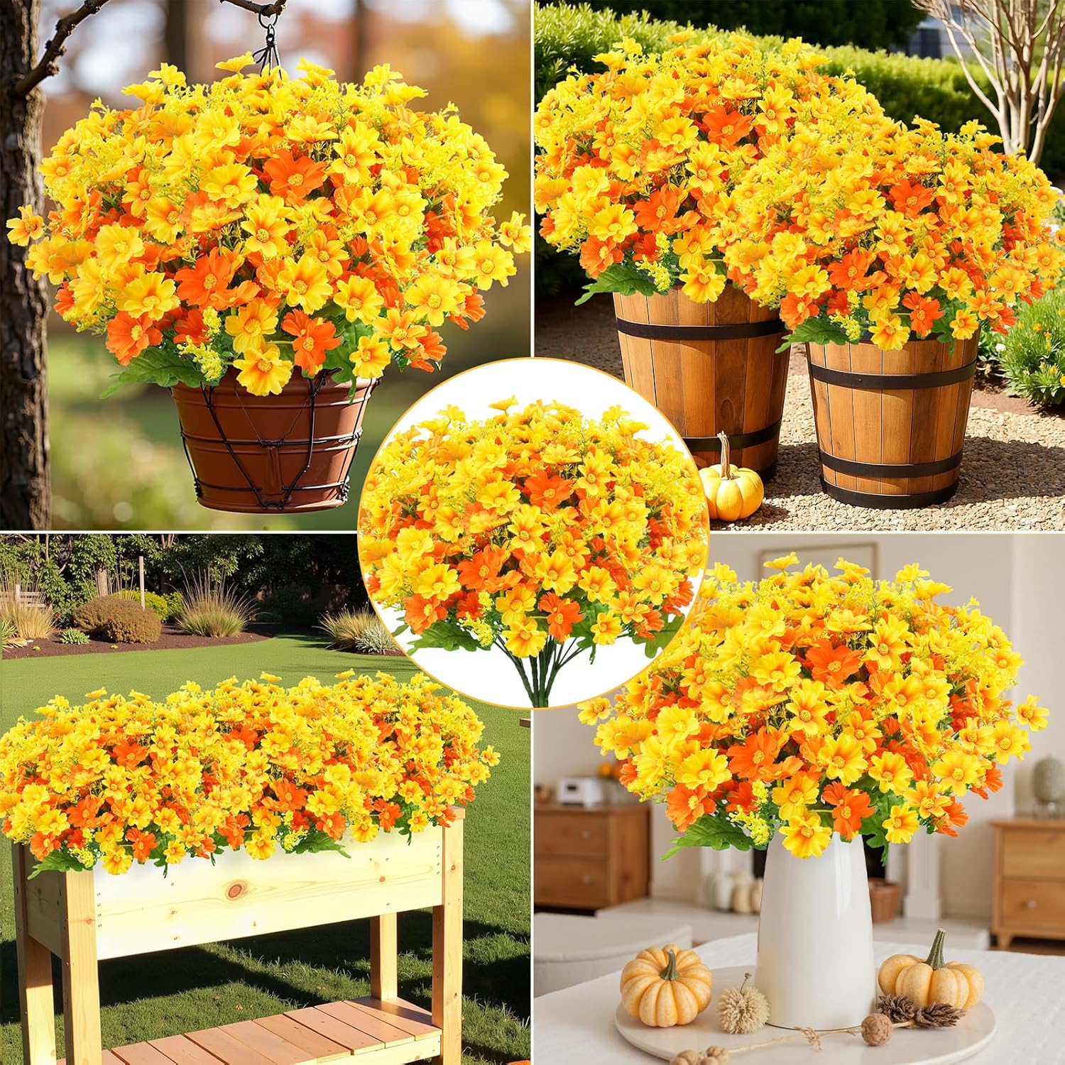 Uieke Artificial Fake Flowers, 6 Bundles Daisy Mums Flowers Outdoor UV Resistant No Fade Greenery Shrubs Plants Indoor Outside Hanging Planter Home Wedding DIY Garden Porch Décor (Orange Yellow) - Image 2