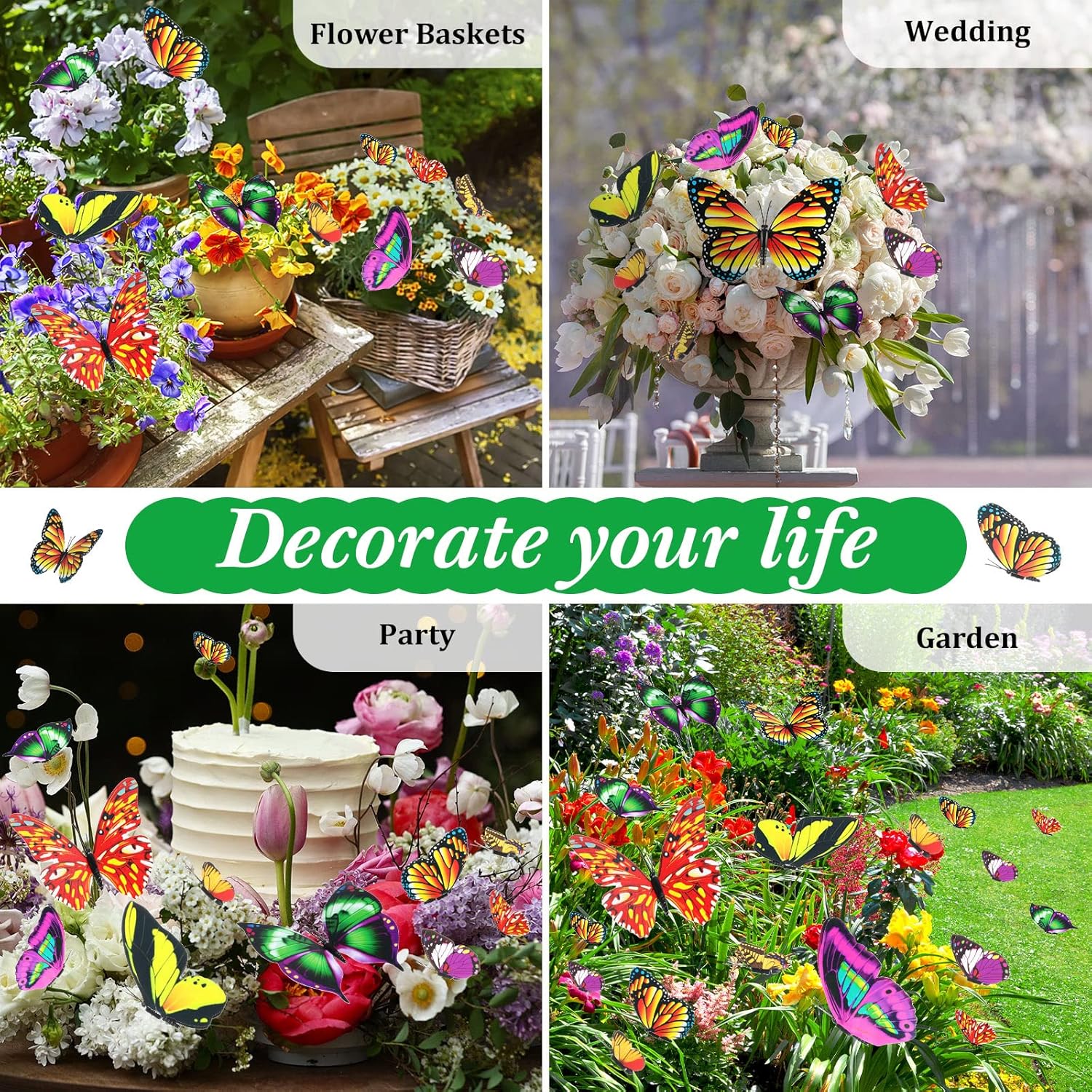 Aoriher 200 Butterfly Garden Stakes, 4 Sizes, Artificial Waterproof Butterflies Stakes for Flower Bouquet Yard Art Patio Plant Pot Flower Bed Home Decor