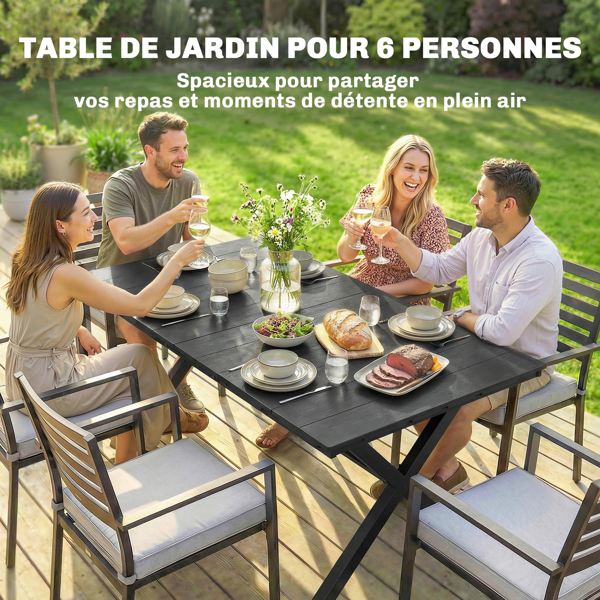 Outsunny Table de Jardin Rectangulaire 4-6 Personnes 150x90x74 cm Noir