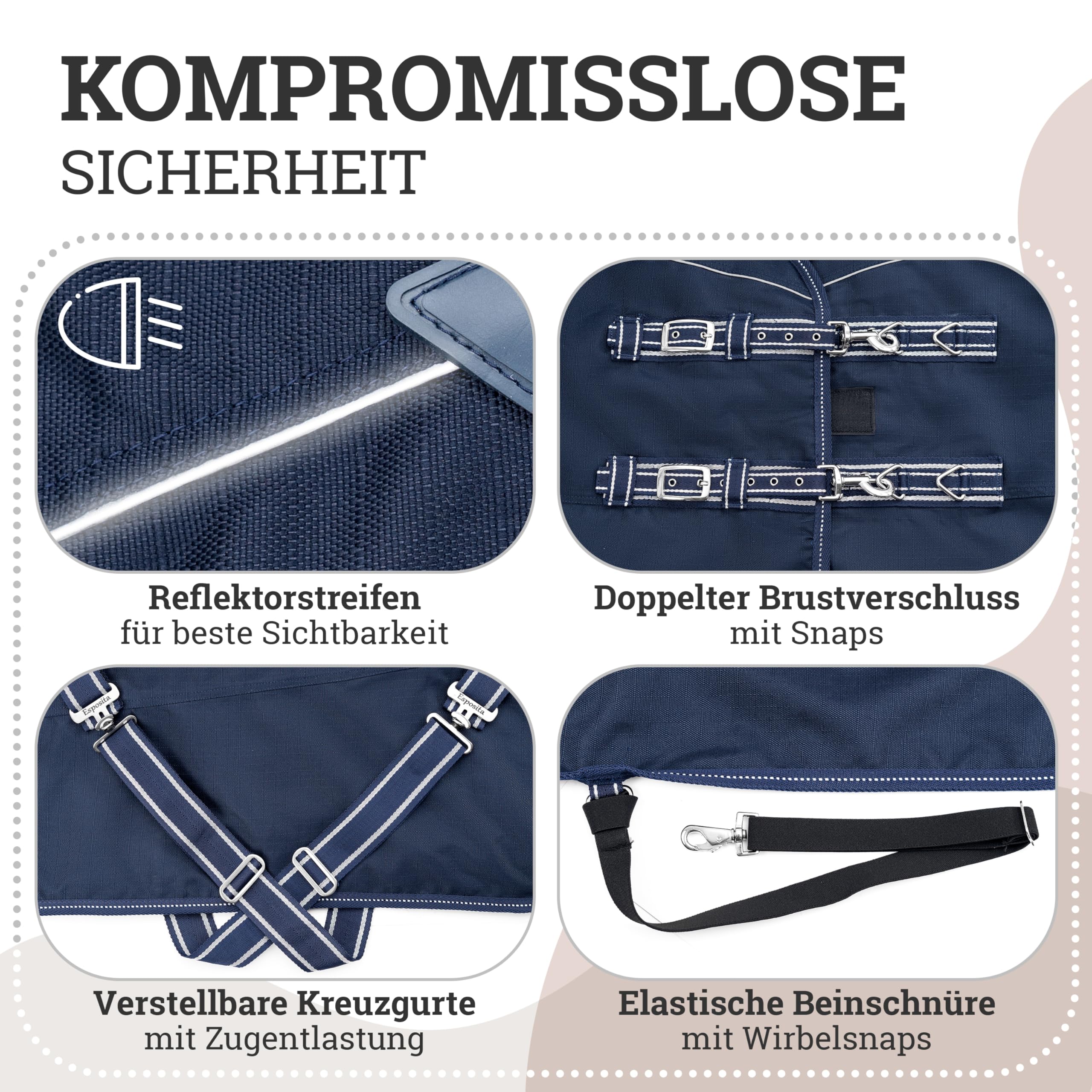 Esposita Airflow Outdoordecke Regendecke mit Fleece 200g Weidedecke Outdoordecke Übergangsdecke Champion Edition optimales Klima ohne Hitzestau 100% wasserdicht Pferdedecke 135cm Polarfleece Navy