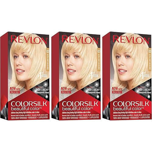 Revlon Permanent Hair Color, Permanent Hair Dye, Colorsilk with 100% Gray Coverage, Ammonia-Free, Keratin and Amino Acids, 03 Ultra Light Sun Blonde, 4.4 Oz (Pack of 3)