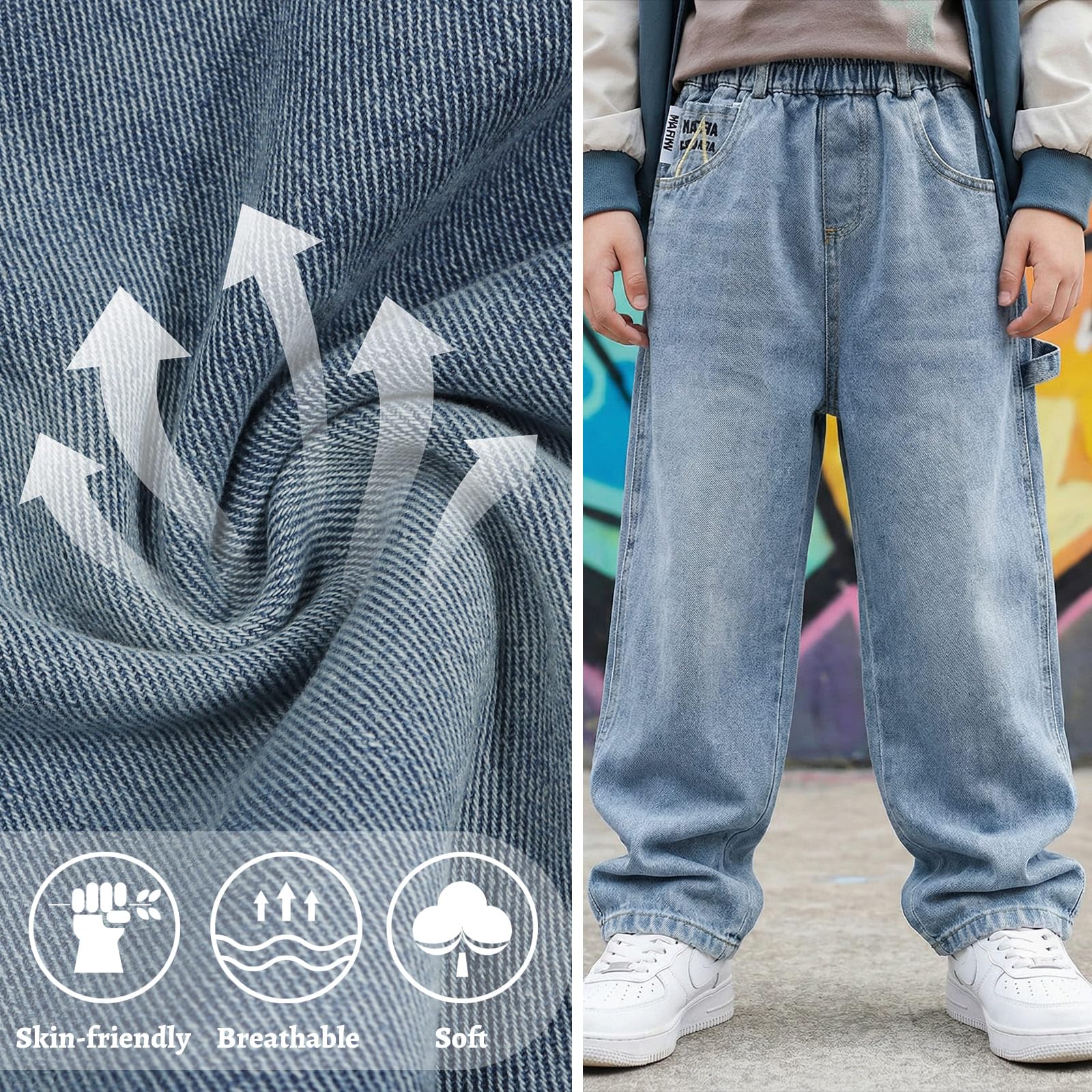 Vaqueros Baggy Jeans para Niños, Holgados Denim Pantalones con Cintura Elástica y Multi-Bolsillos Niño Largos Stretch Denim Jeans Vintage Streetwear Pants para 7-15 Años