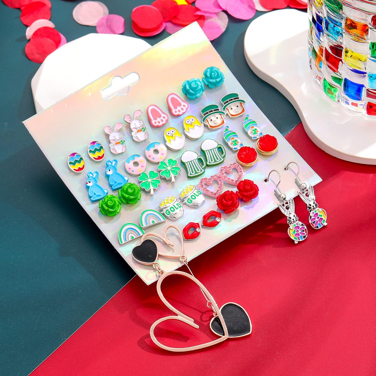 20 Pairs Valentine’s Day St Patrick's Day Easter Hypoallergenic Drop Stud Earrings Bulk for Girls Women Clover Shamrock Green Hat Easter Eggs Bunny Earrings Dangle Stud Earrings Set for Teen Girls Women - Image 8