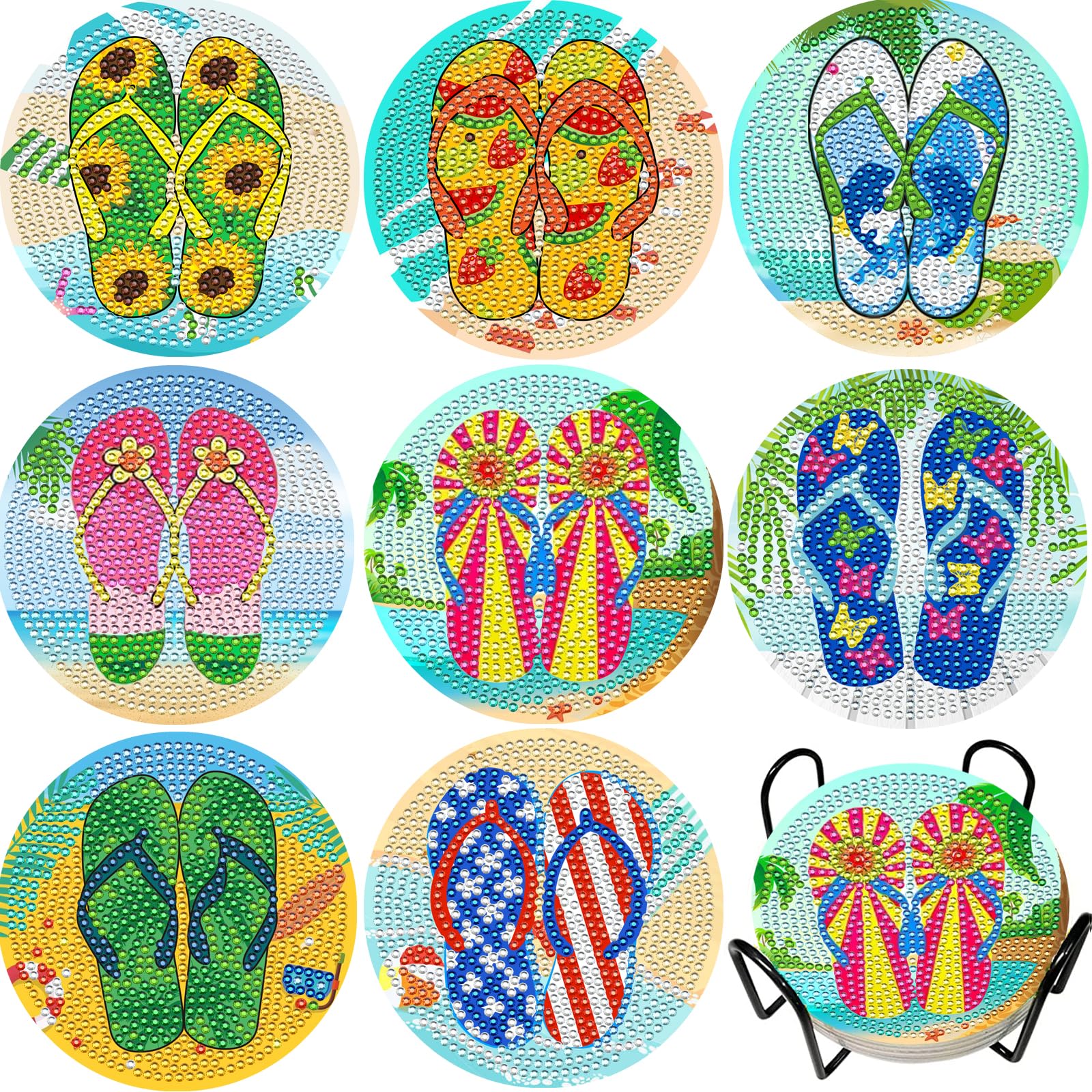 JeCuiK 8Pcs Diamond Painting Coasters Flip Flops DIY Diamond Art Coasters with Holder Diamond Coasters Funny Diamond Painting Kits for Adults Beginner Art Crafts Supplies