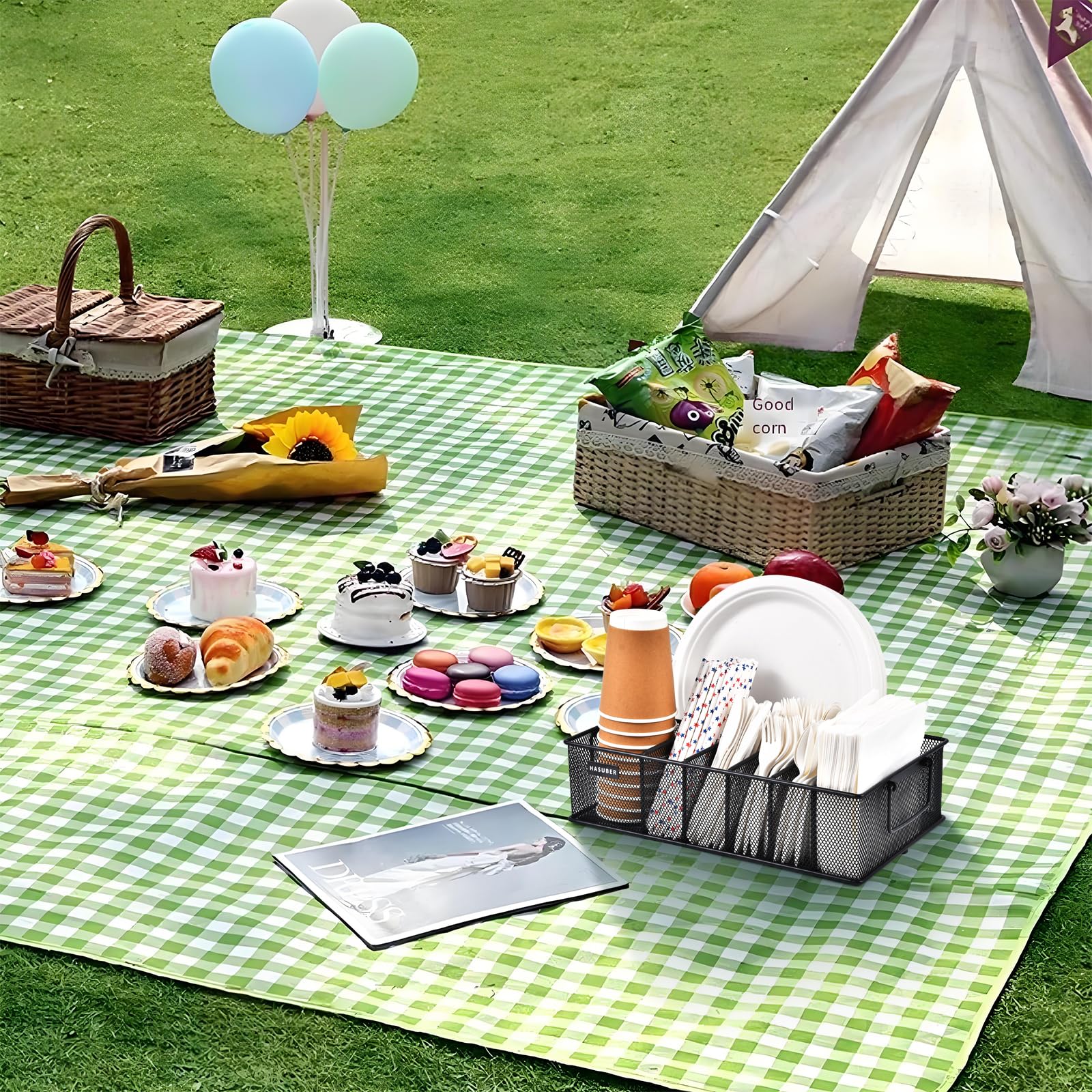 Organizador de cubiertos con asa, organizador de utensilios de metal para encimera de cocina, 7 compartimentos para plato, taza, servilleta, dispensador de platos de papel para fiesta, picnic 7