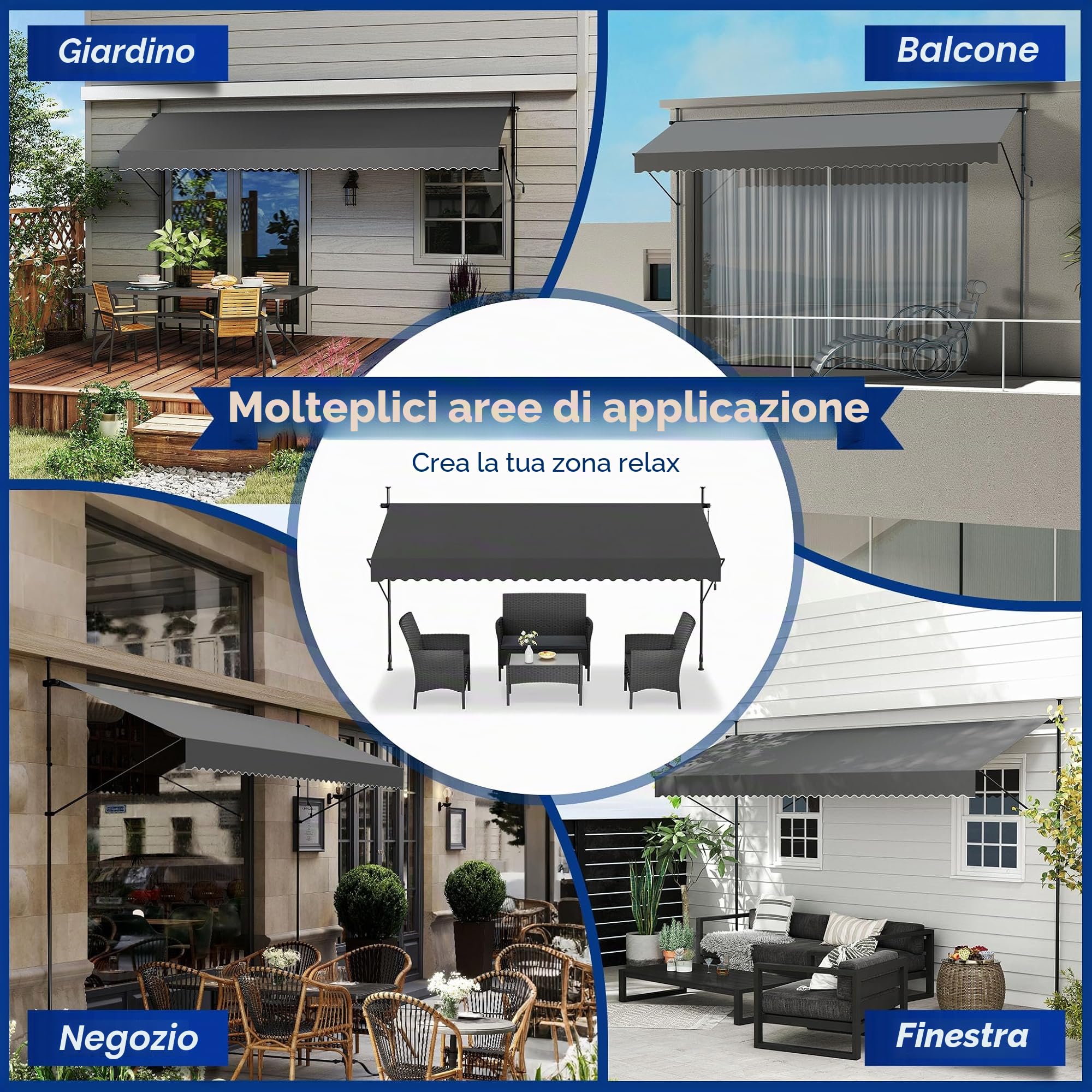 UISEBRT Tenda da Sole a Bracci con Manovella, 250x120cm Protezione per Balcone Regolabile, Senza Forare, protezione UV Tenda da sole per finestre, terrazze, balconi o giardini，Grigio scuro