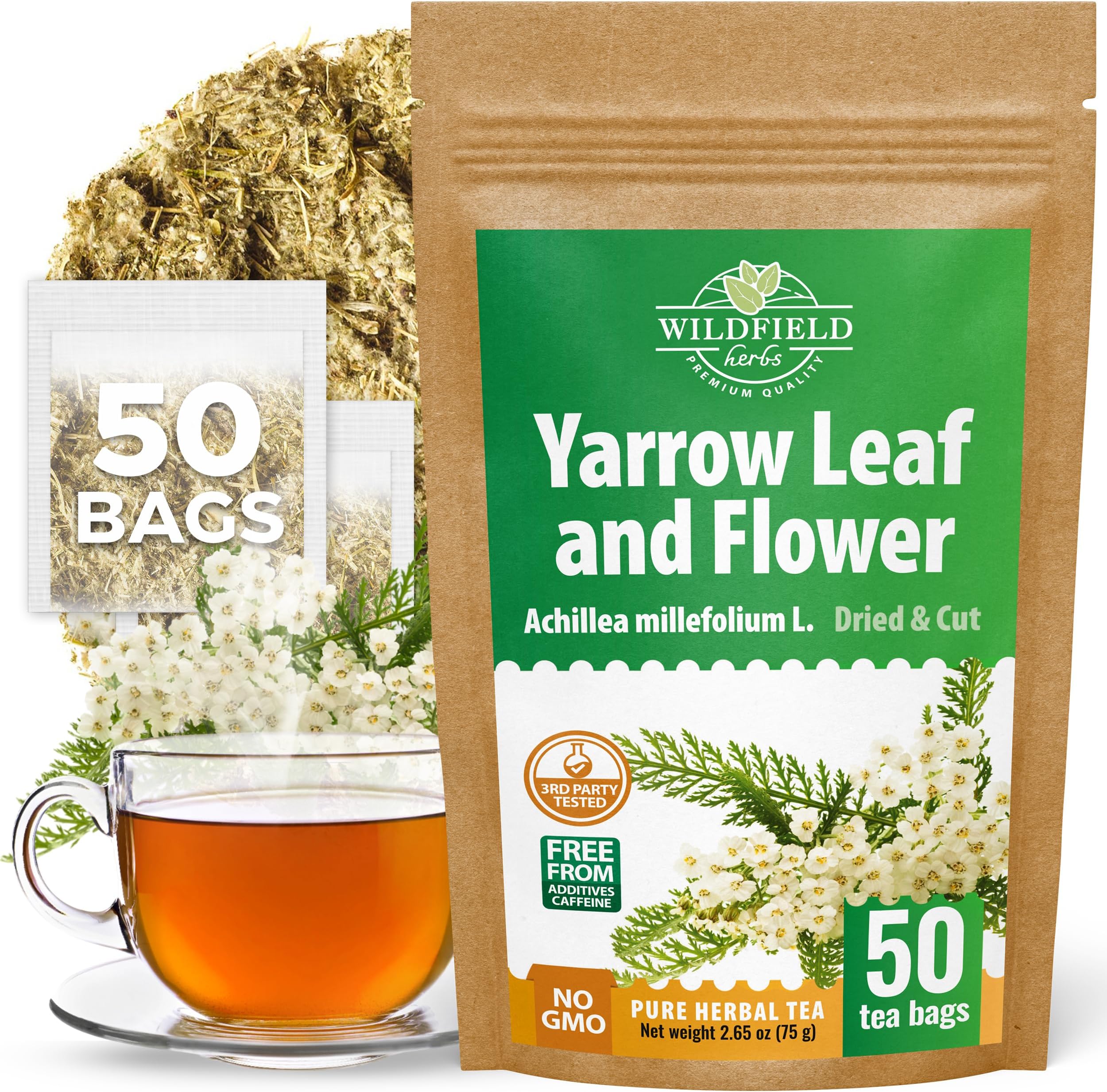50 Bags Yarrow Herb Dried Yarrow Leaf & Flower Herbal Tea (Achillea Millefolium Tea) - 50 Count 1.5g Bags Herb Tea Milenrama Hojas