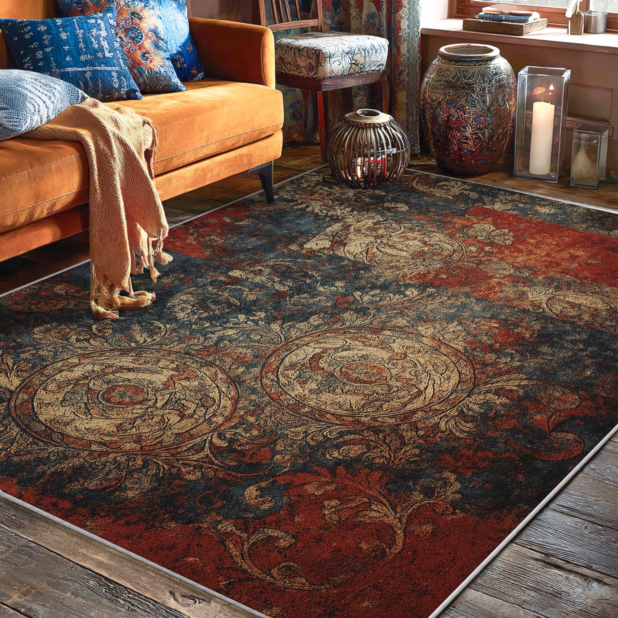 Tapis floral vintage rustique 150x210 cm grand format séjour