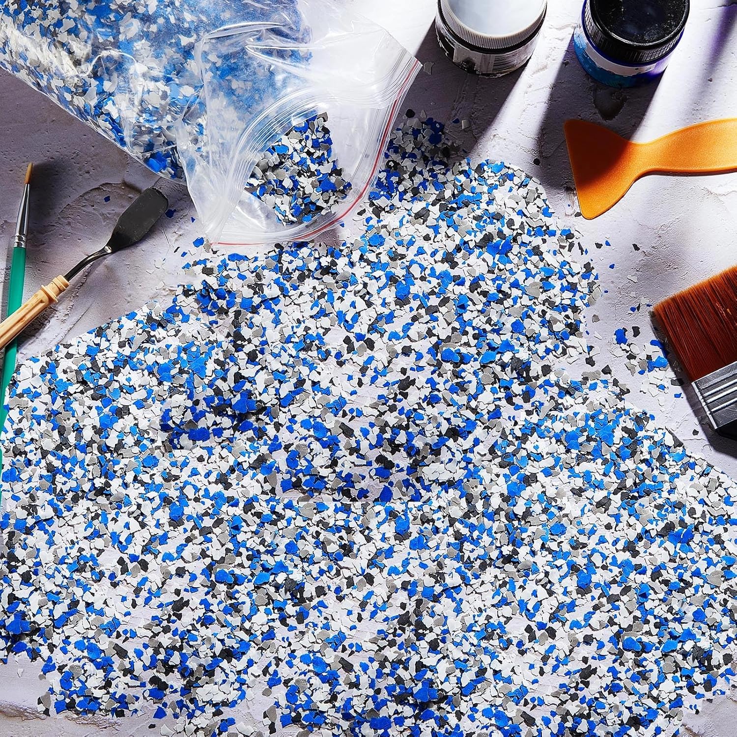 Timtin 1400 G/ 3.08 Lb Epoxy Flakes Blend Color Chips Concrete Floor Coating Decorative Paint Flakes for Wall Garage Floor Paint Interior Exterior Floors(Black, White, Blue, Gray)