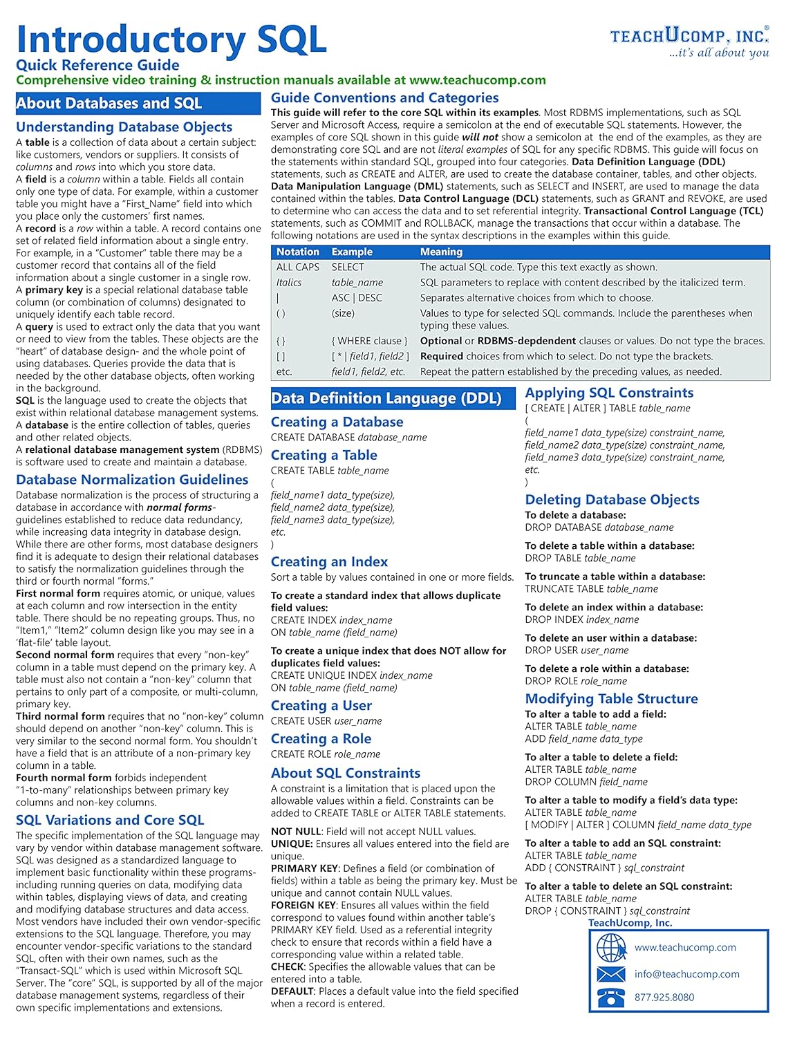 Introductory SQL Quick Reference Training Card - Laminated Tutorial ...