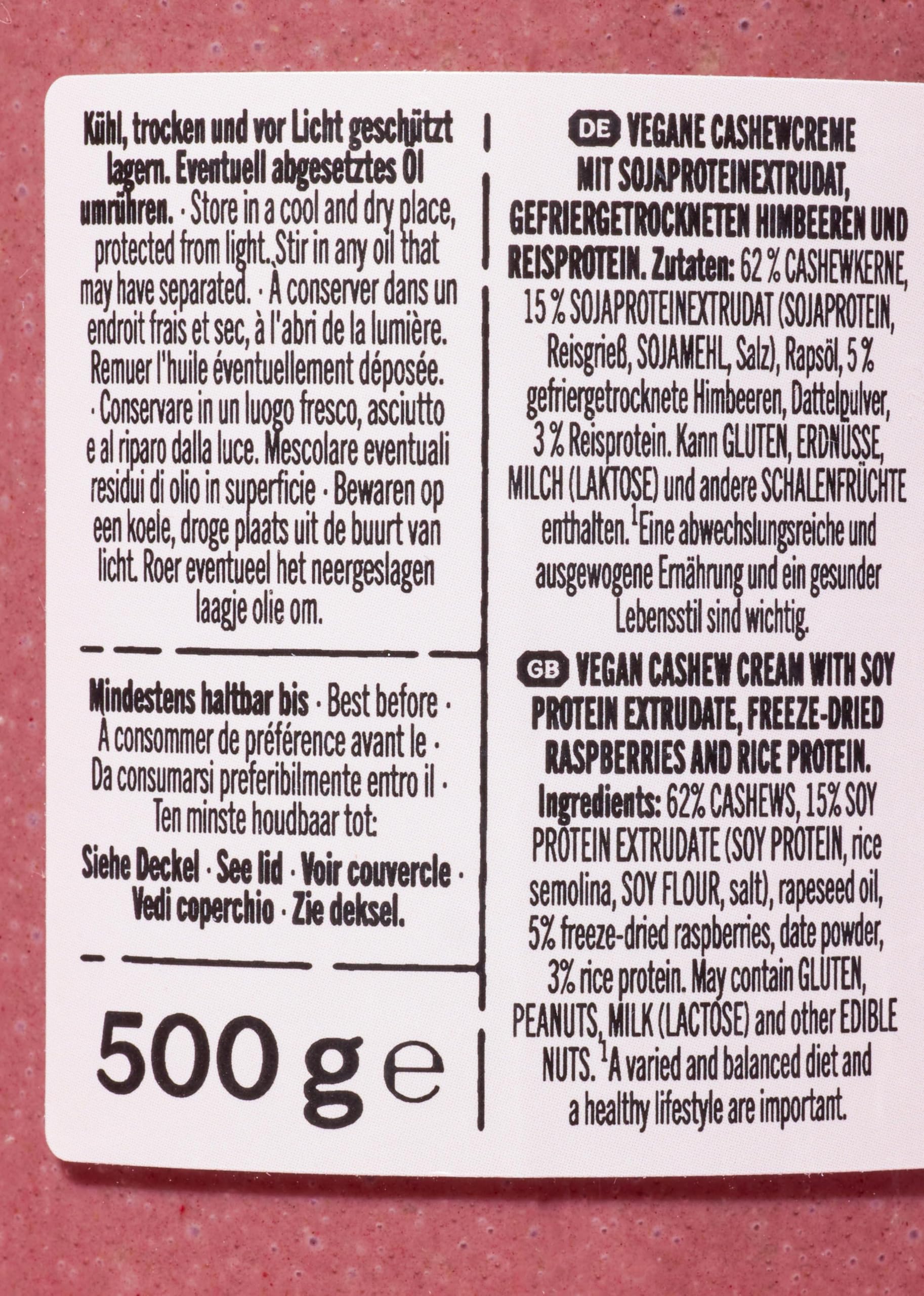 KoRo - Crema spalmabile proteica ai lamponi crunchy vegan 500 g - 62% di frutta secca - Senza olio di palma - Fonte di proteine vegetali