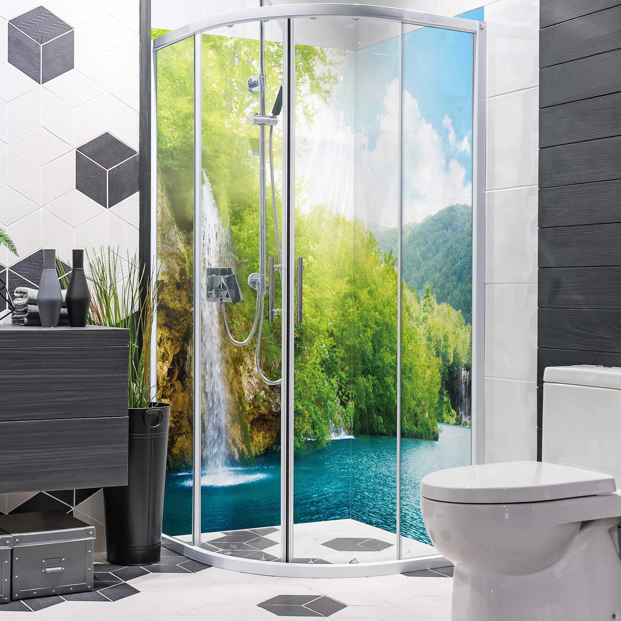 Dedeco Premium Bad-Duschrückwand Mit Wasserfall-Motiv V9, 90x200cm – Wasserfeste Alu-Verbundplatte, Fugenlos & Ohne Bohren