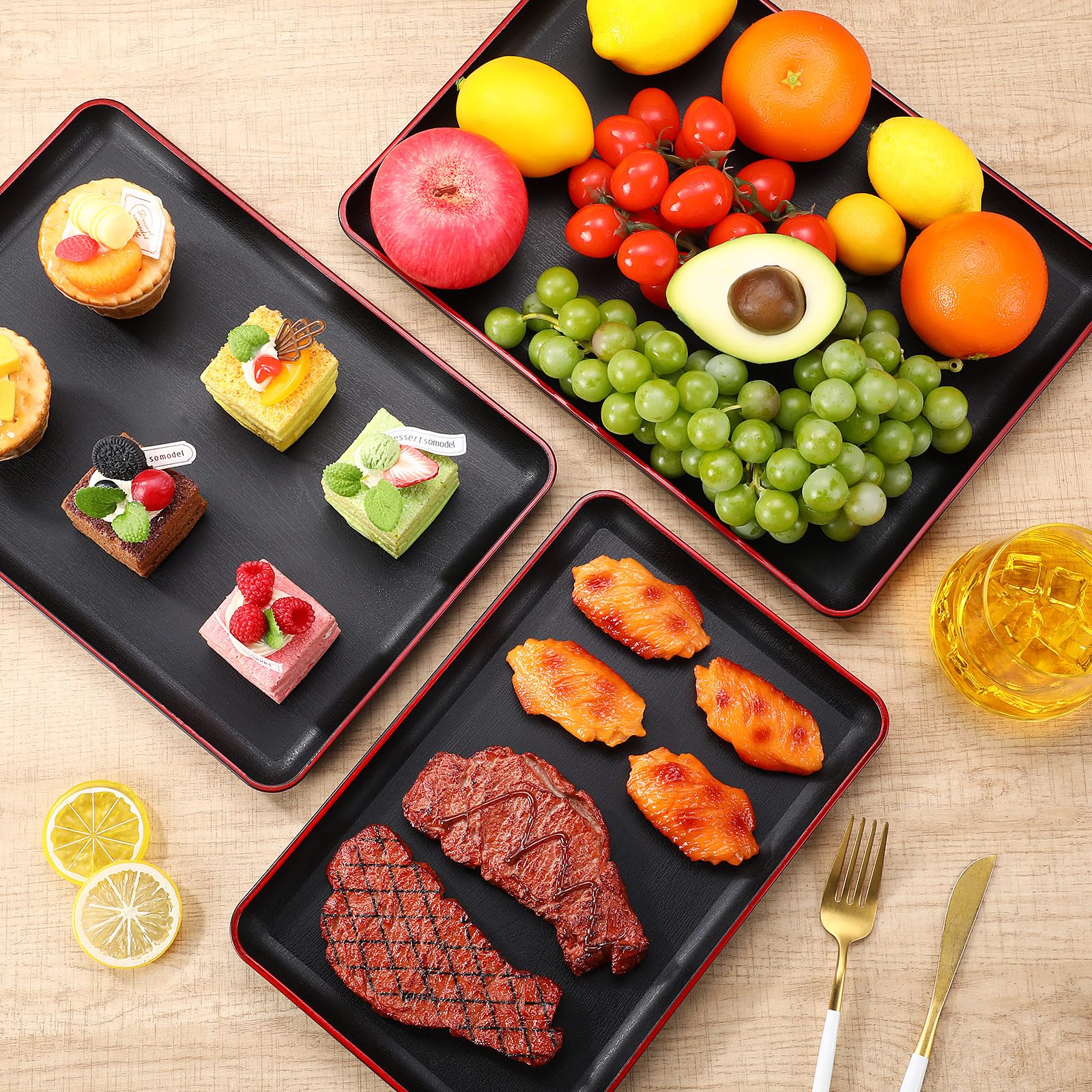 Rtteri Juego de 4 platos grandes de 15/14/13/12 pulgadas, bandejas de plástico irrompibles para servir alimentos, bandeja reutilizable para fiestas, bodas, hoteles, restaurantes, cenas en casa (negro