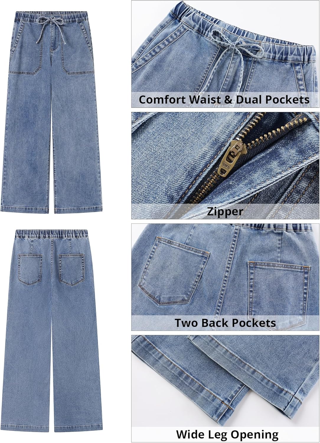 GRAPENT Wide Leg Jeans for Women Trendy High Waisted Drawstring Tie Elastic Waist Stretchy Denim Pants Trouser Jeans - Image 7
