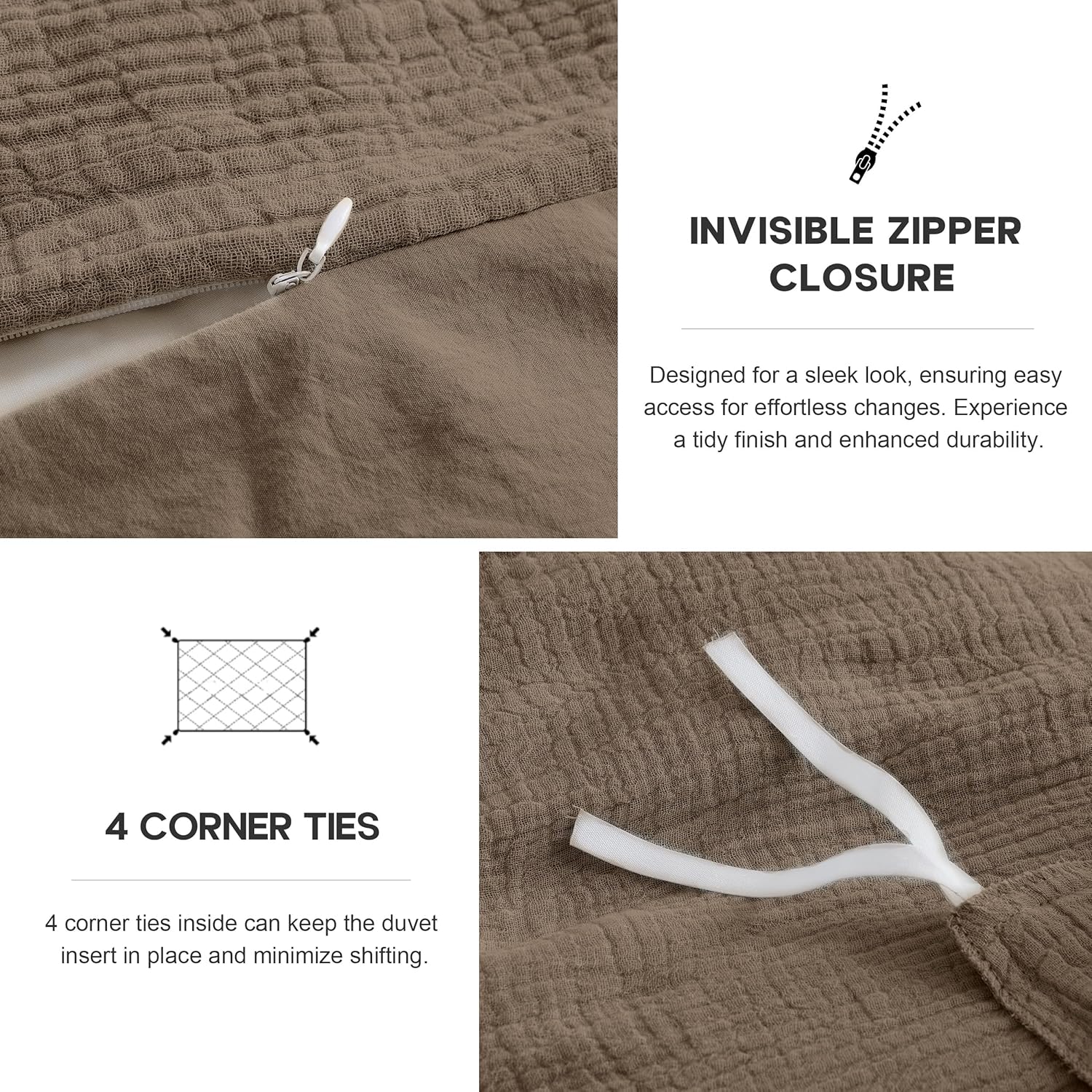 Simple&Opulence Linen Muslin Duvet Cover Set Queen Size, 3Pcs Brown Linen Cotton 3-Layer Gauze Minimalist Comforter Cover 88”x92”, Ultra Soft Breathable Seersucker Bedding Set with 2 Pillowcases