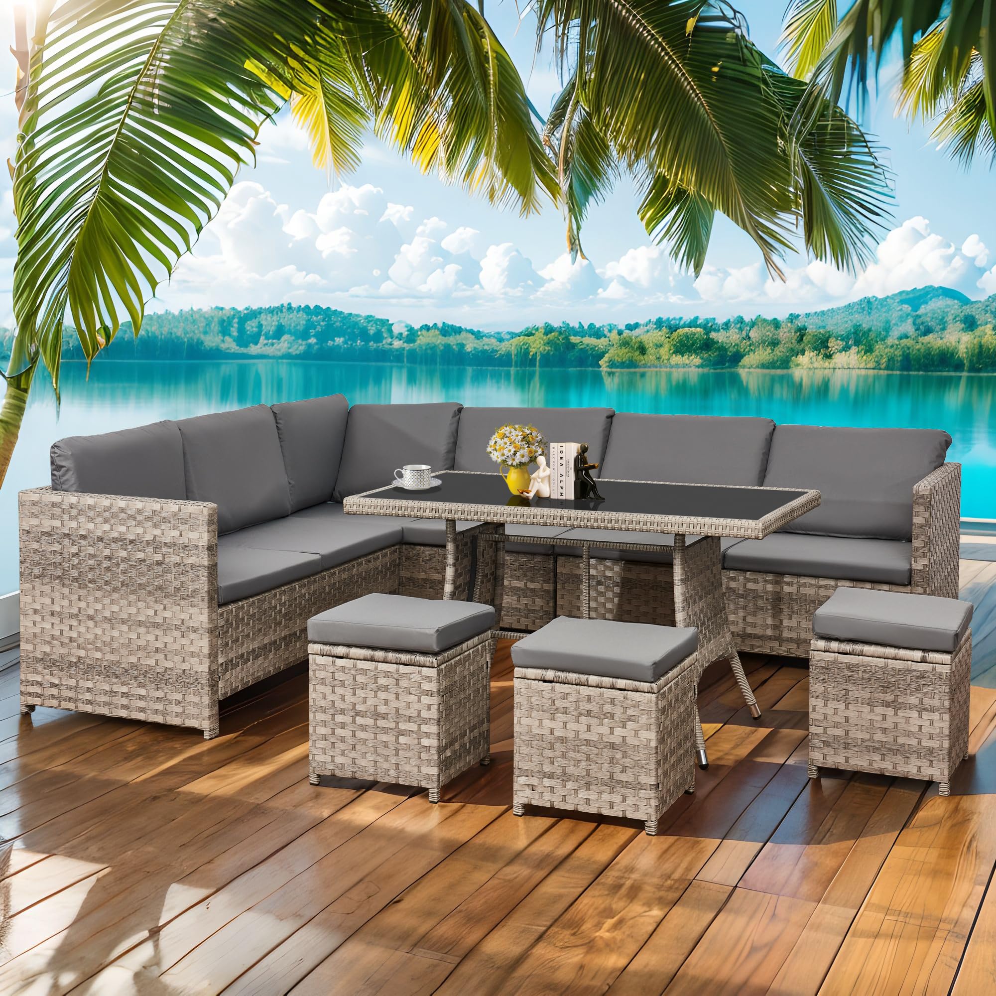 Aweather9 seater Rattan Corner Sofa Set Rattan Garden Furniture Set  All-Weather Patio Conversation Set with Modern Dinning Table and Washable  Cushions