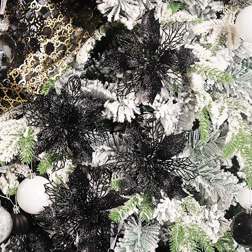 Miniatura 5 de Wironlst 16 flores de pascua artificiales con purpurina, decoraciones de Navidad blancas de nochebuena para árbol de Navidad, vacaciones, temporada,