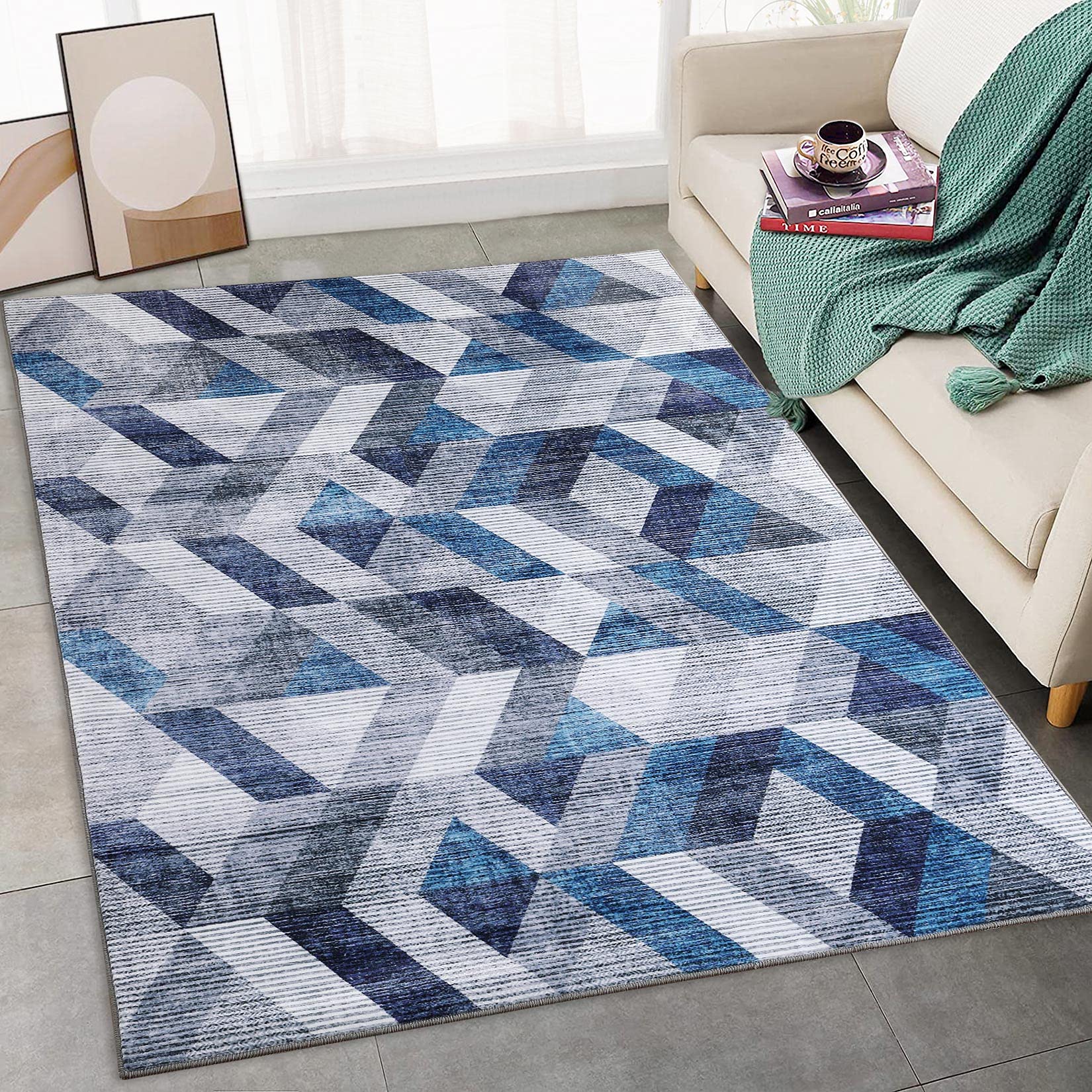 GlowSol Area Rug Modern Geometric Print Rug Trellis Accent Navy/Grey Non Slip Carpet Rug Low Pile Floor Decor Rug for Living Room Office, 6 x 9 Feet