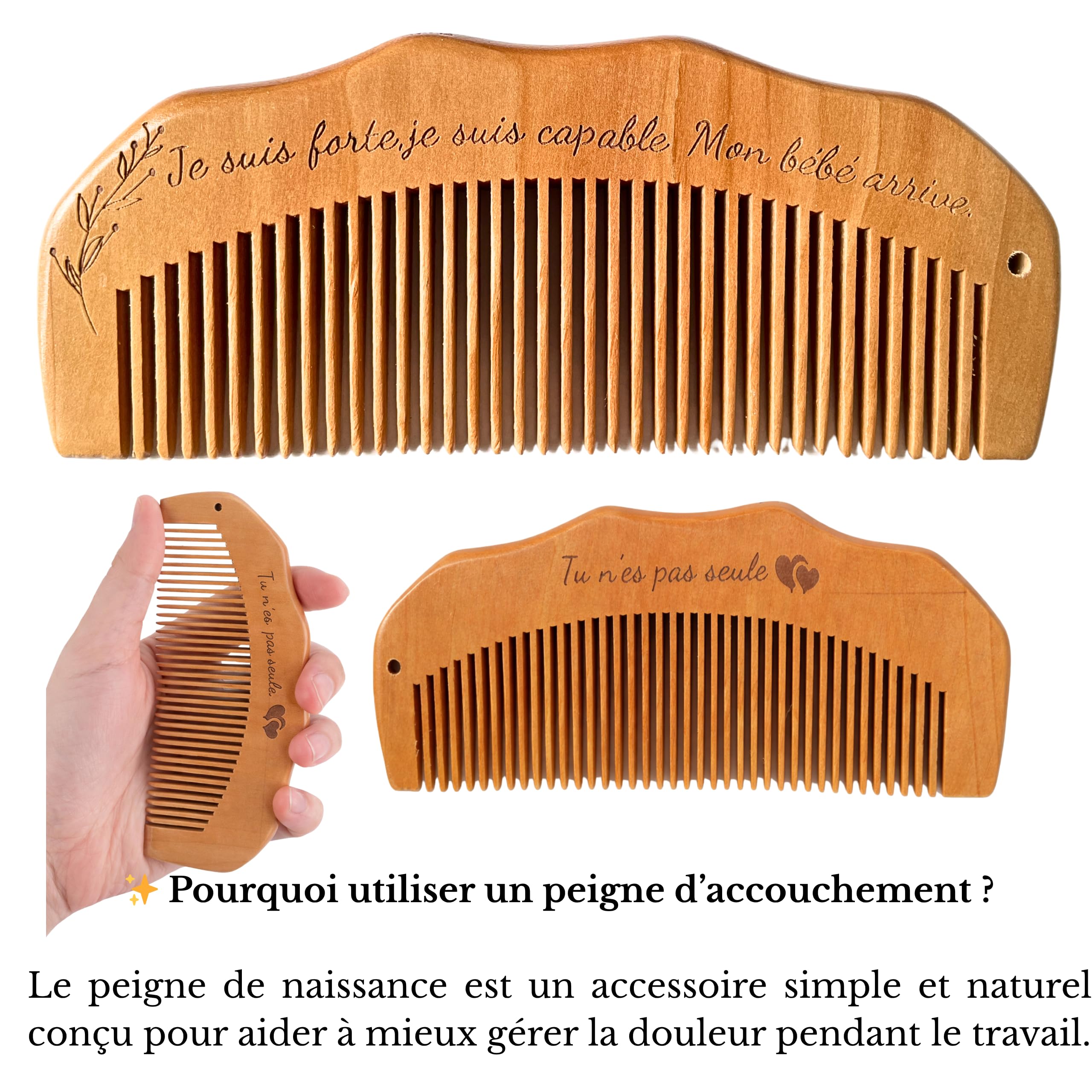 Cadeau grossesse femme enceinte – peigne accouchement en bois avec carte émotionnelle – idée cadeau maternité prénatal future maman