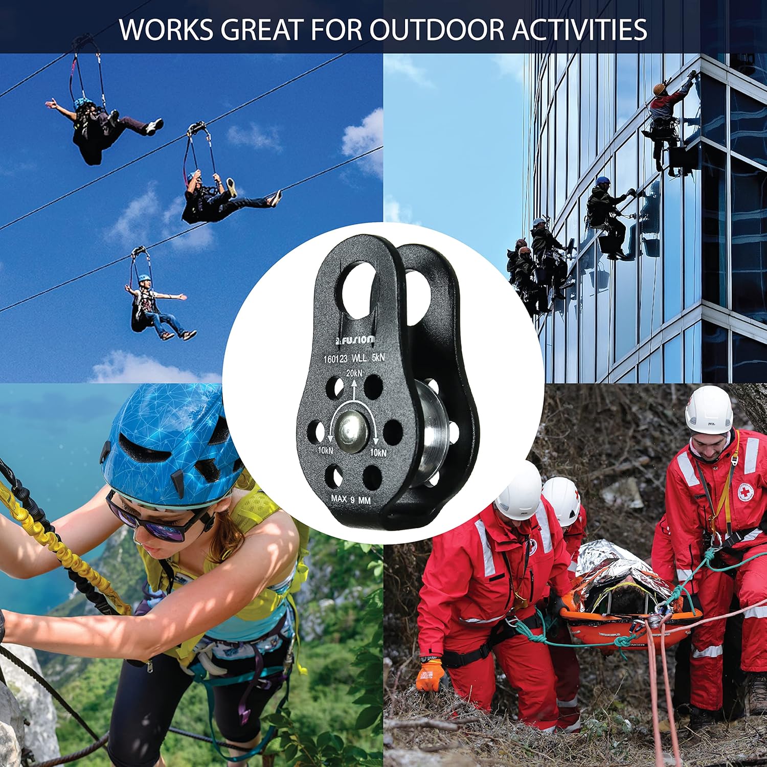 Fusion Climb Nuro Military Tactical Edition Fixed Side Aluminum Pulley Black 20KN : Sports & Outdoors