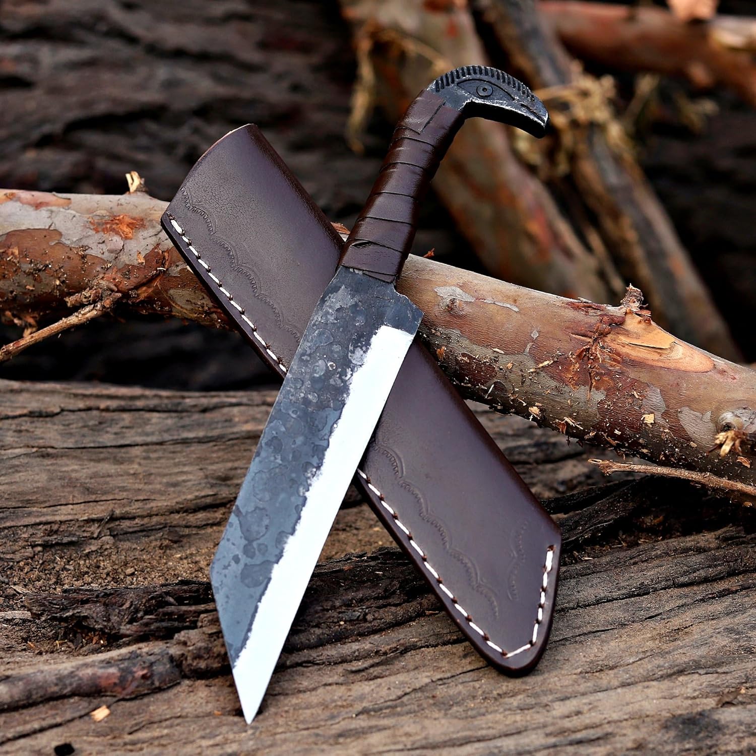 Handmade Viking Seax Knife with Raven Head | Fixed Blade Hunting Knife with Sheath | Outdoor Camping | Norse Medieval Knife Gift for Him | Carbon Steel Bushcraft Tool