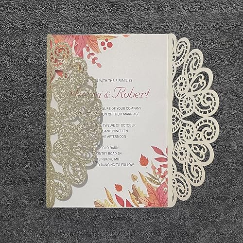 Miniatura 2 de Kit de 50 invitaciones de boda con purpurina dorada cortadas con láser con sobres, confirmación de asistencia y cintas preatadas para boda,