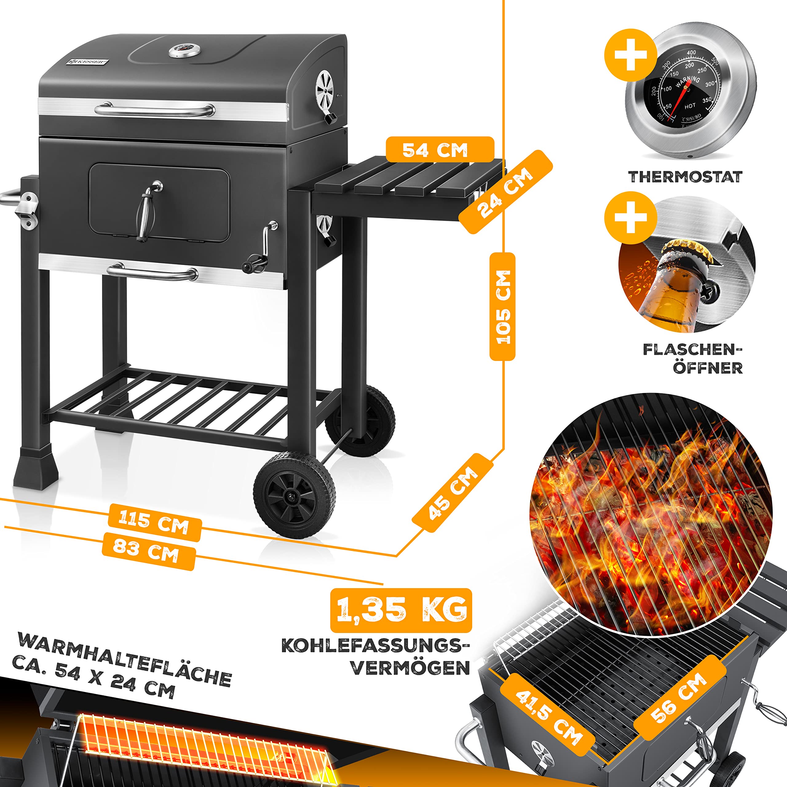 KESSER® Barbecue con Carrello XL Barbecue a carbonella con Coperchio, Ruote, Manico in Acciaio Inox, griglia e termometro a carbonella,Grande Barbecue a carbonella Barbecue da Campeggio