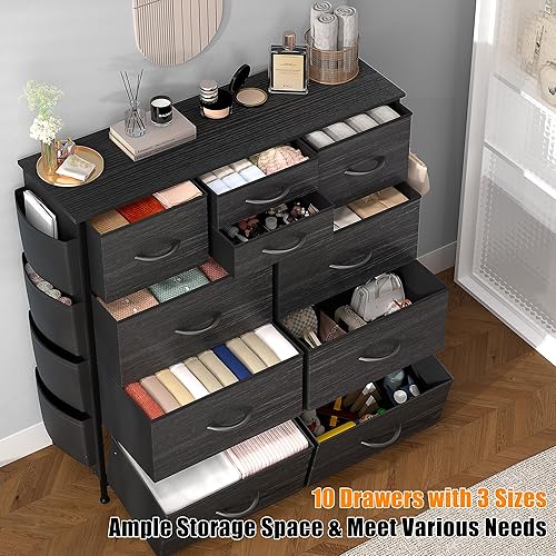 Miniatura 3 de Lulive 10 Drawer Dresser, Chest of Drawers for Bedroom with Side Pockets and Hooks, Fabric Storage Dresser, Sturdy Steel Frame, Wood Top, Organizer