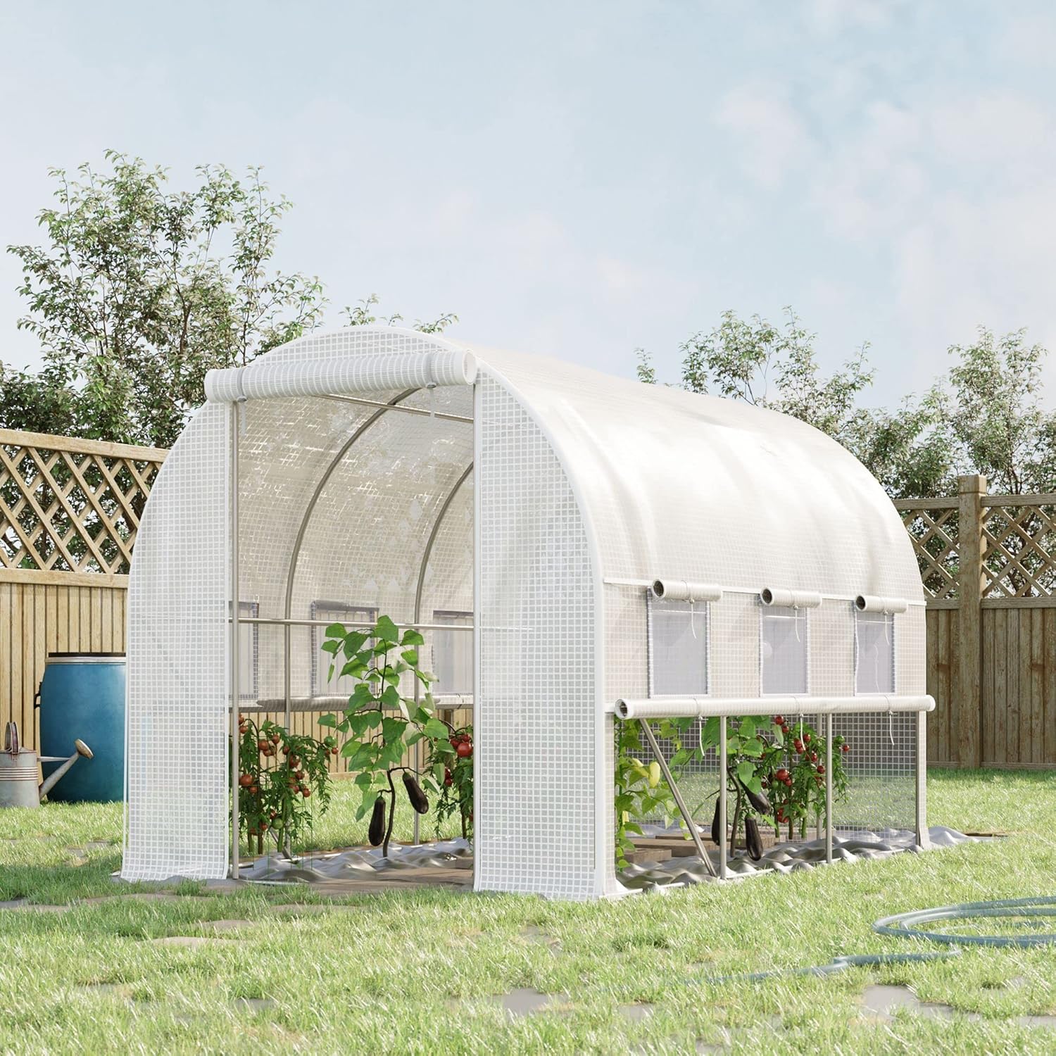 Outsunny 9.7' x 6.5' x 6.5' Walk-in Tunnel Greenhouse, Outdoor Green House with Anti-Tear PE Cover, Zipper Doors and Mesh Windows, White