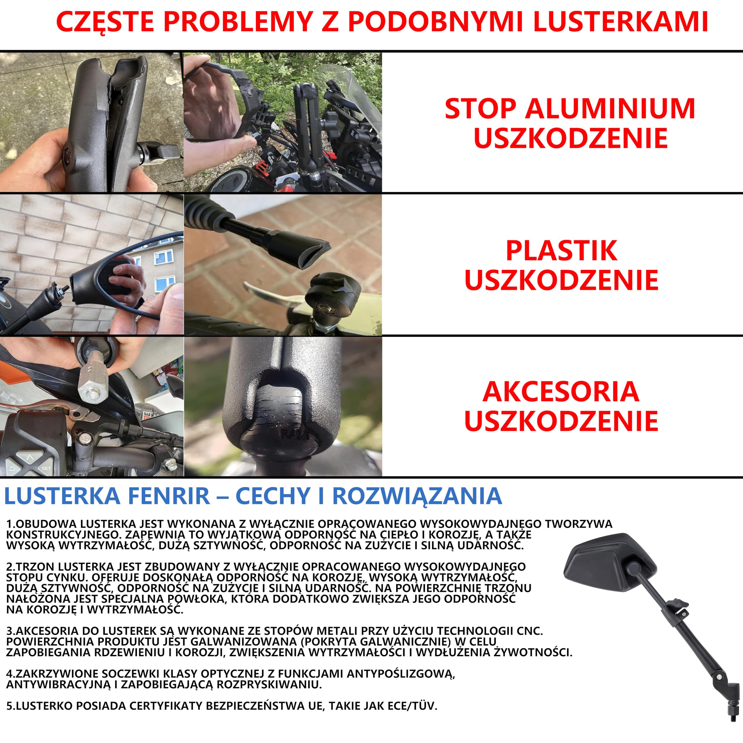 FENRIR Emark lusterko boczne motocykla Lusterka boczne motocyklowe Niezniszczalne składania Antyrefleksyjne Zakrzywione soczewki antywibracyjna Regulowane dla Enduro Adventure Tourer (801-0118)