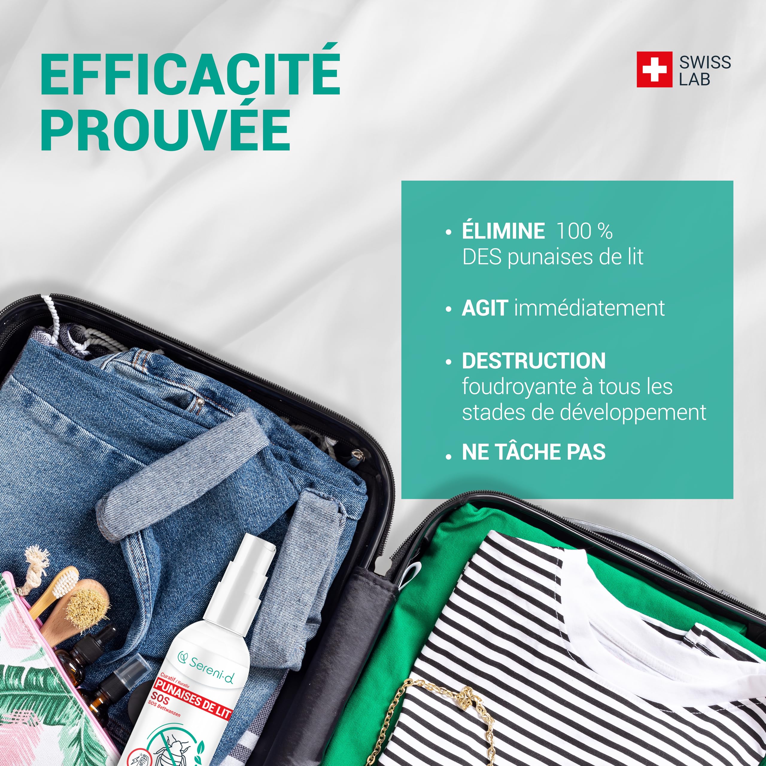 SOS ANTI PUNAISES DE LIT SUPER PUISSANT Sereni-d - Spray Insecticide CHOC Traitement naturel aux Huiles Essentielles et Fleur de Pyrèthre Végétal - Produit qui élimine les punaises de lit - 100mL