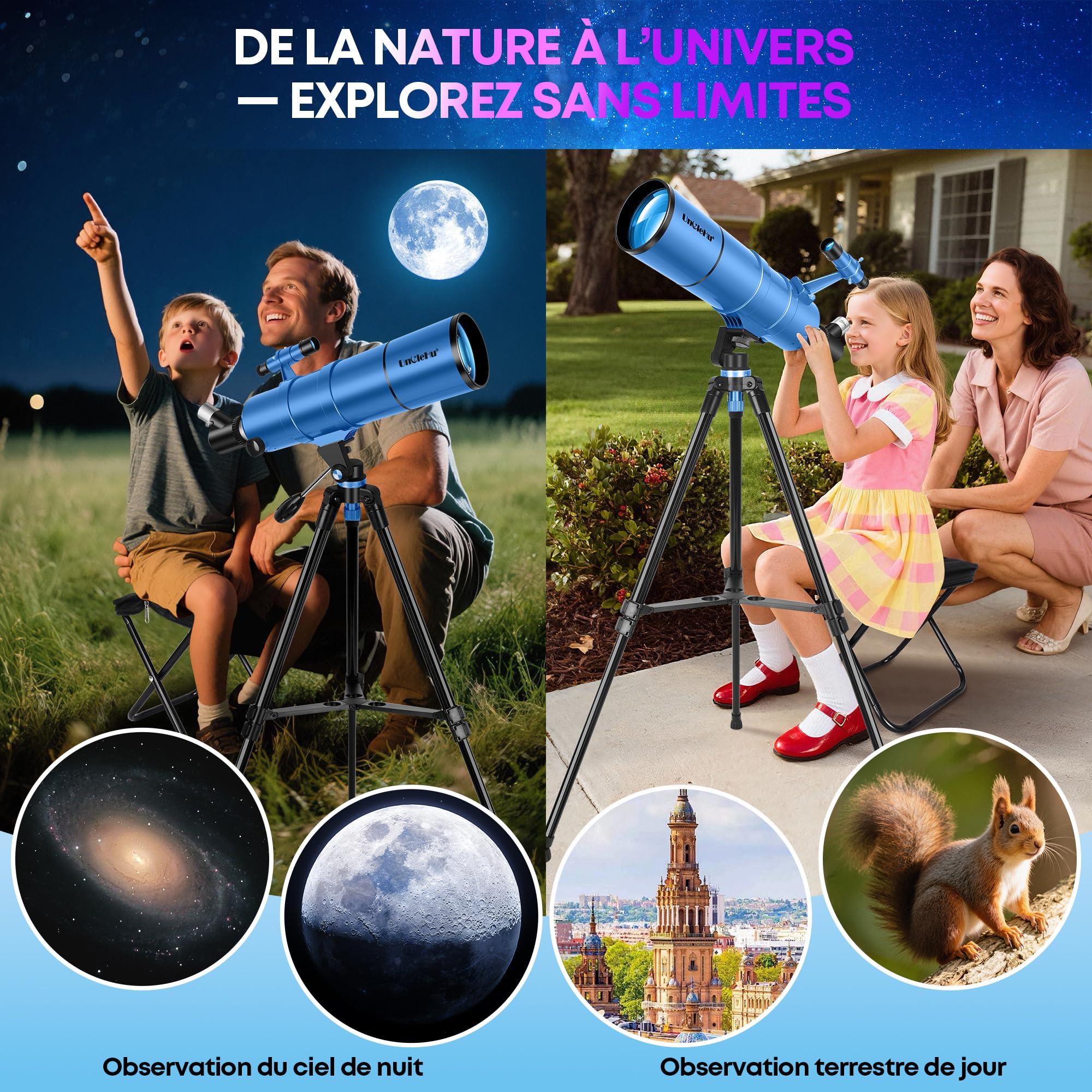 UncleHu Télescope 90/550mm pour Adultes et Enfants avec Tabouret Pliant | Optique FMC, 22–165×, Télescope Réfracteur Astronomique avec Trépied&Adaptateur Smartphone&Sac, Observation Terrestre&Lunaire
