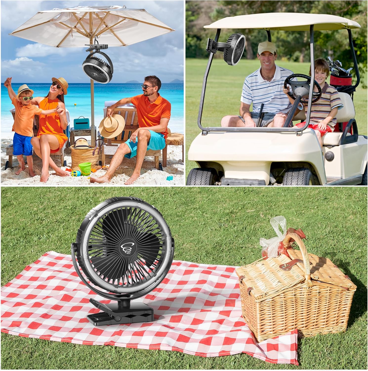 KITWLEMEN Camping Fan with Light - 10000mAh Rechargeable Battery Operated Fan, 3 Speeds, 21Hrs Max Cooling, Portable Clip on with 2.4" Clamp & Folding Hook for Camping, Golf Cart, Treadmill, Home